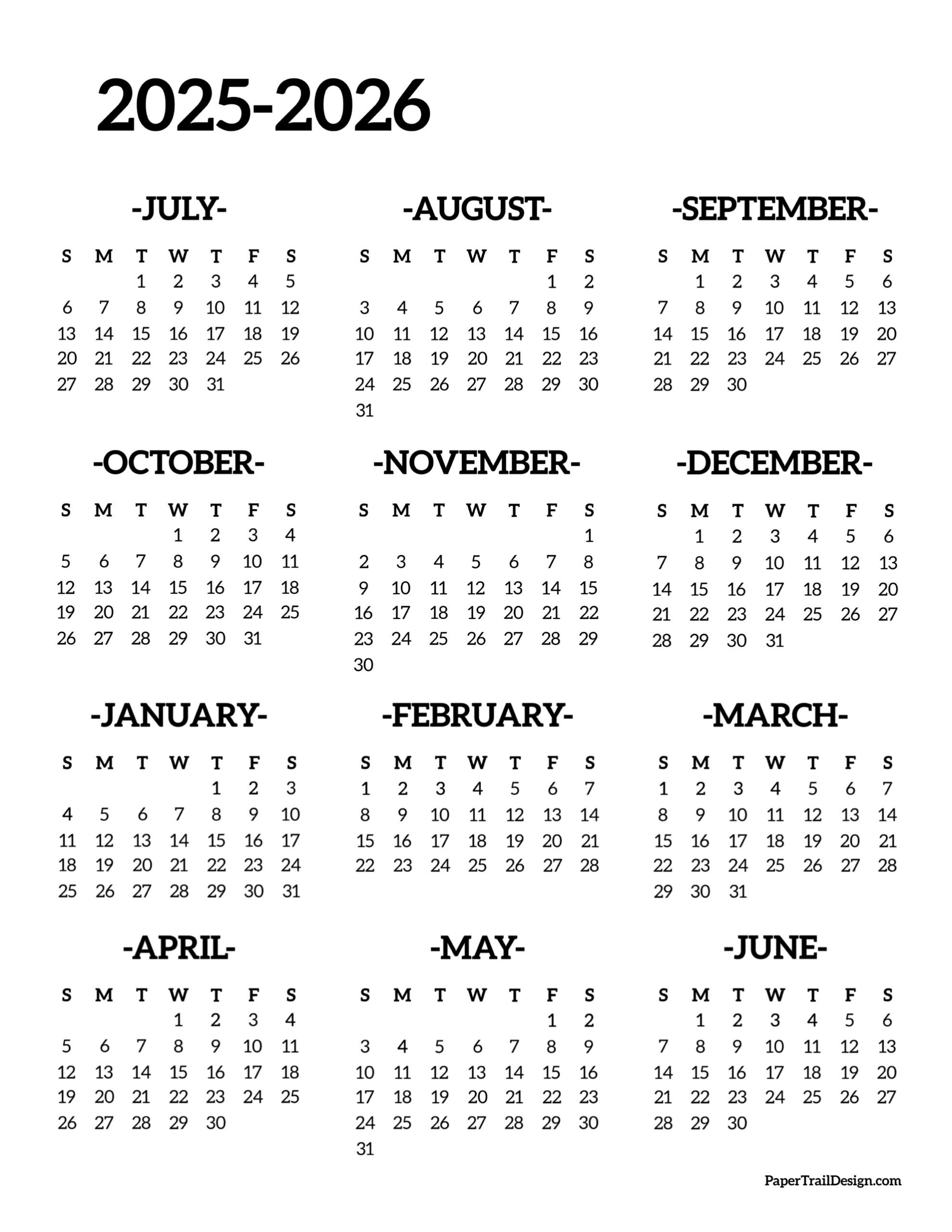 July 2025 To June 2026 Calendar Printable Free