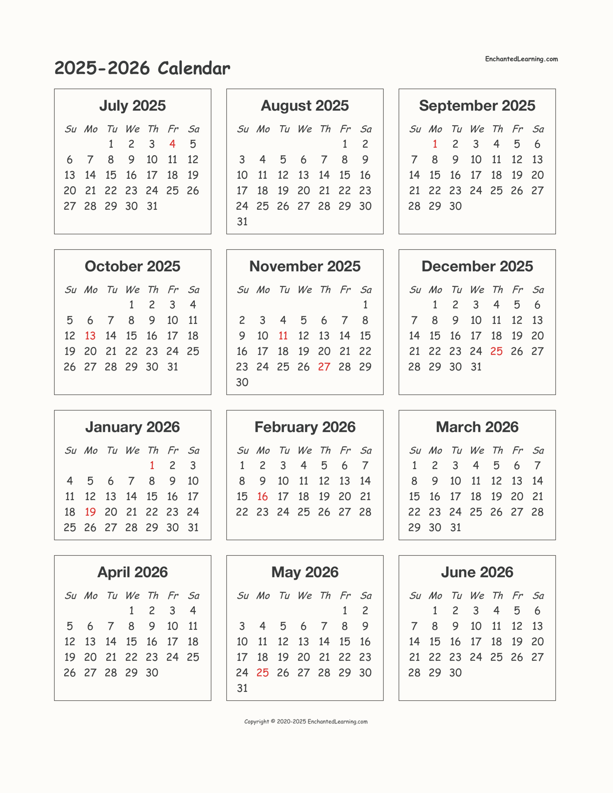 September 2025-June 2026 Calendar Printable