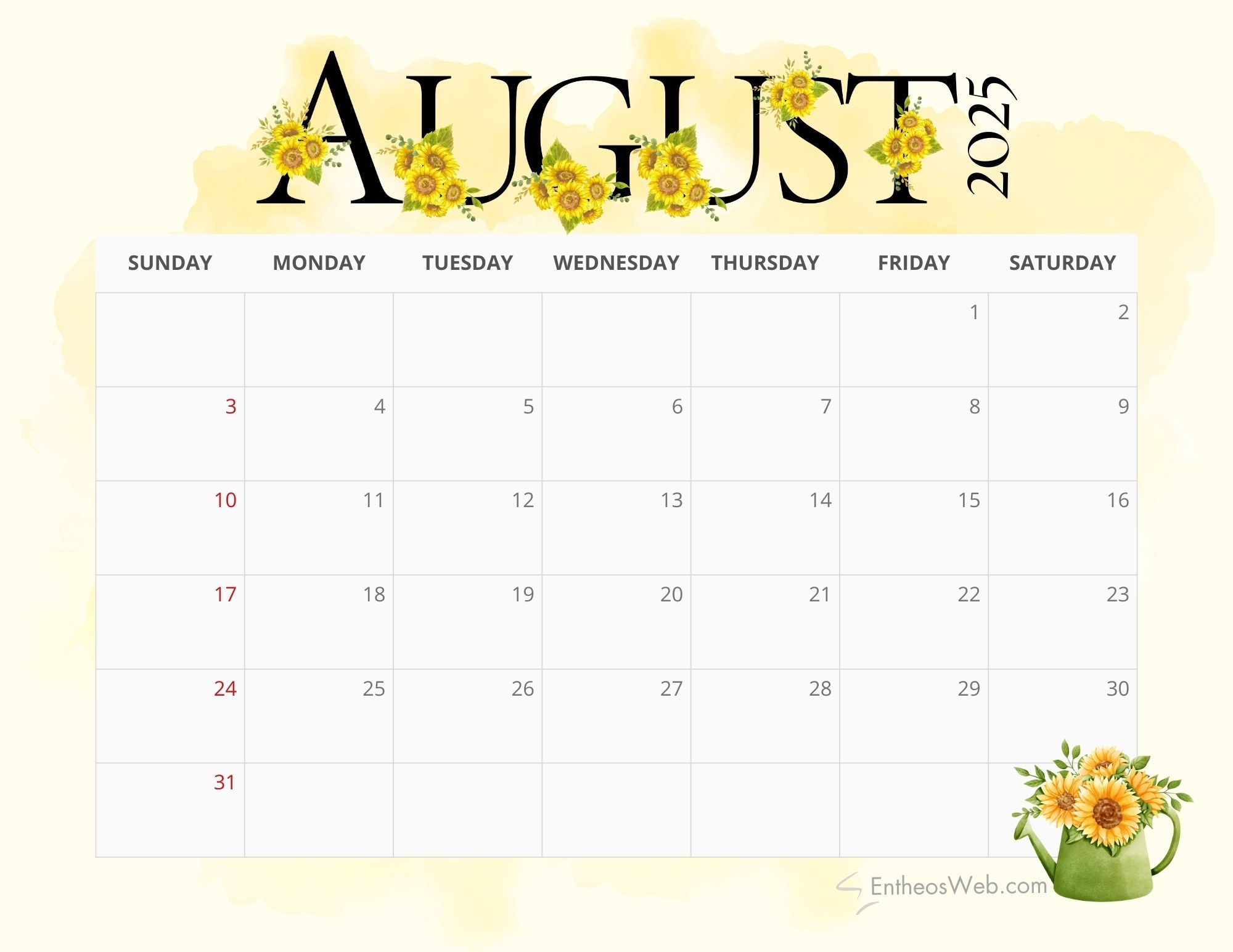 2025 Sunflowers Calendar Printable EntheosWeb