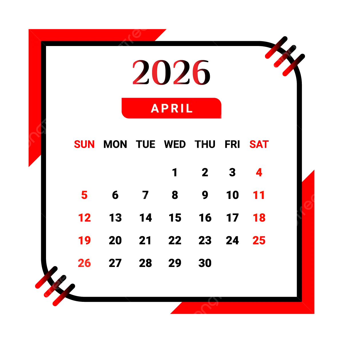 2026 April Month Calendar With Black And Red Vector Monthly