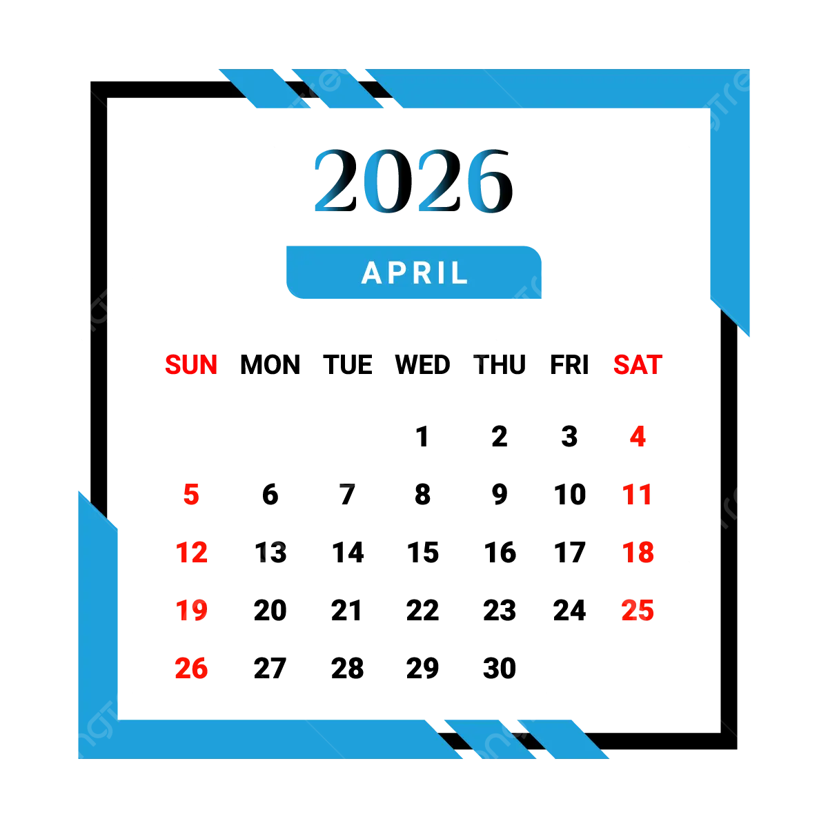 2026 April Month Calendar With Skyblue And Black Unique Style Vector Monthly Calendar Calendar April 2026 PNG And Vector With Transparent Background For Free Download