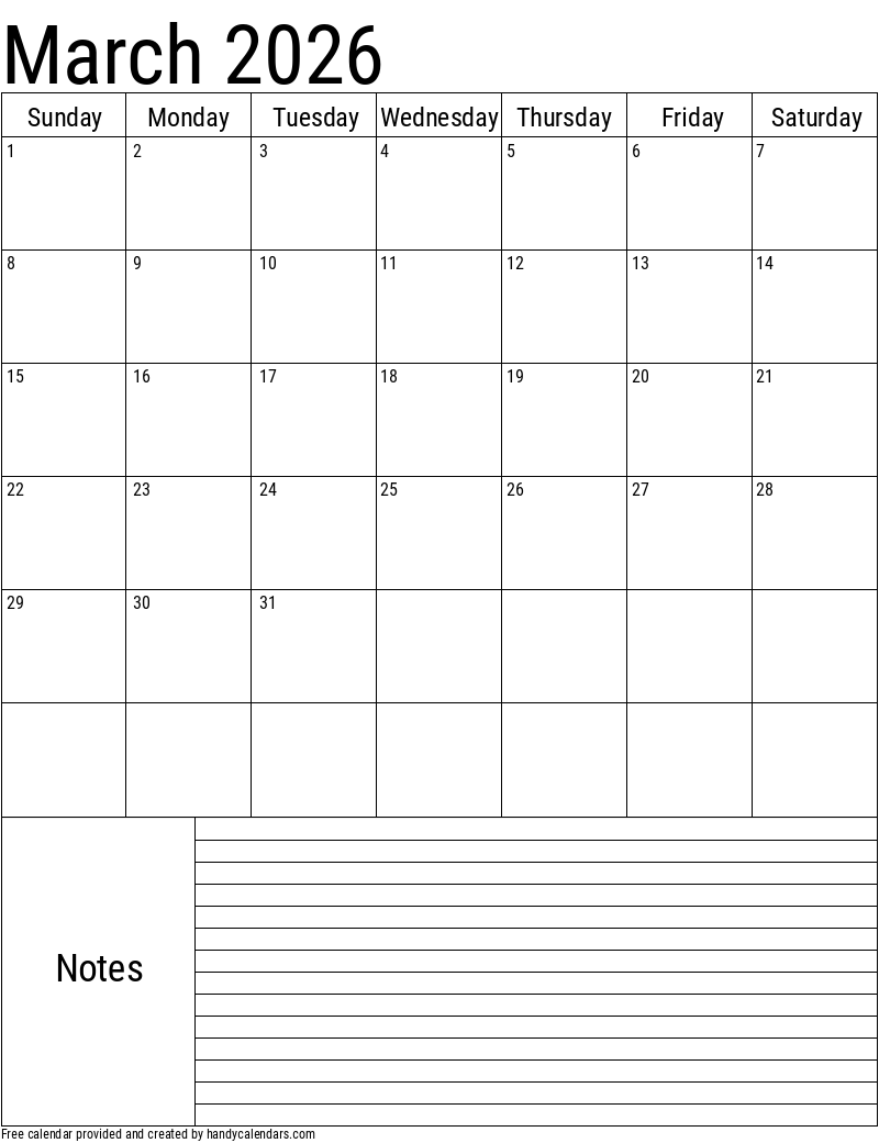 Free March 2026 Calendar
