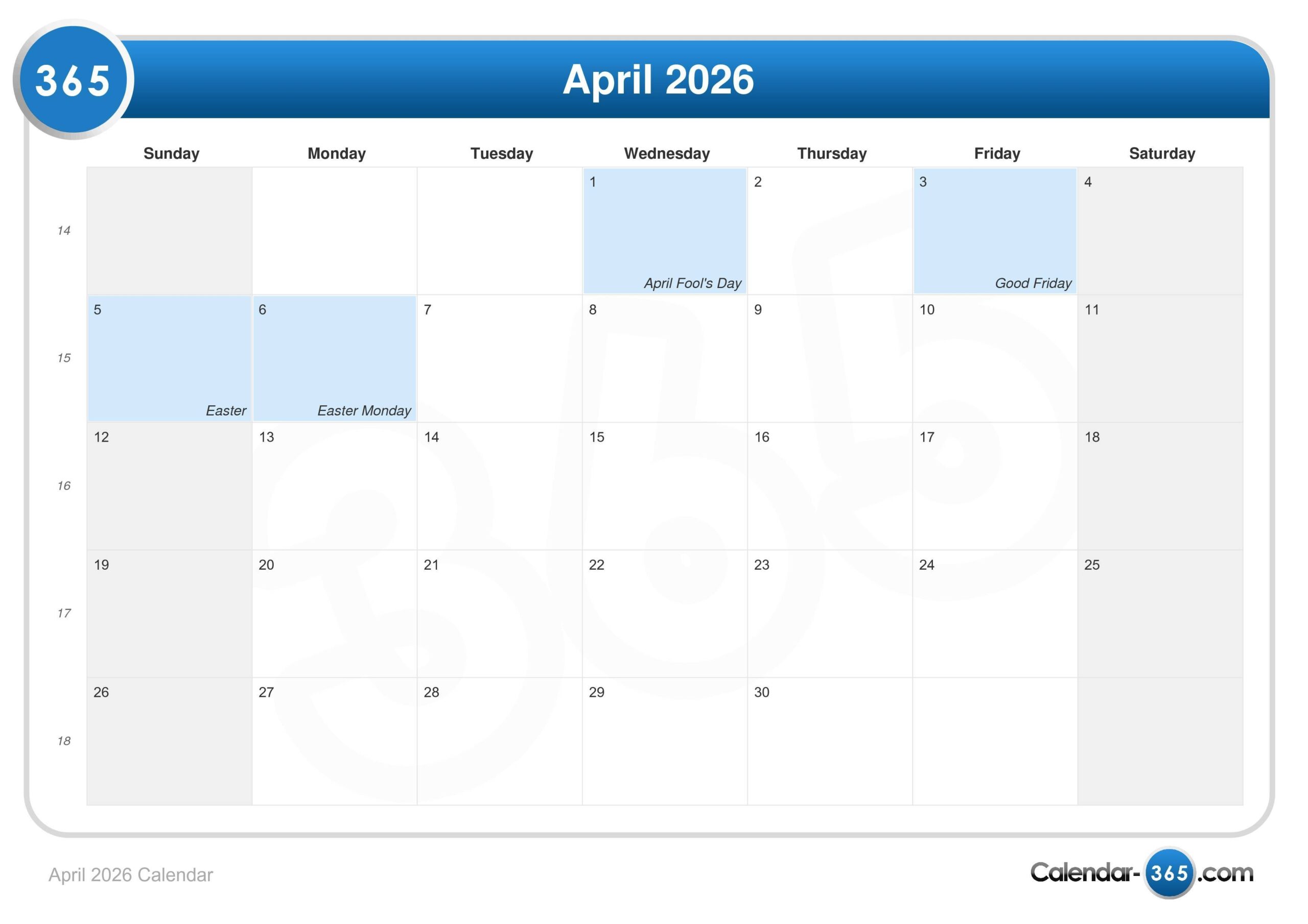 April 2026 Calendar Easter