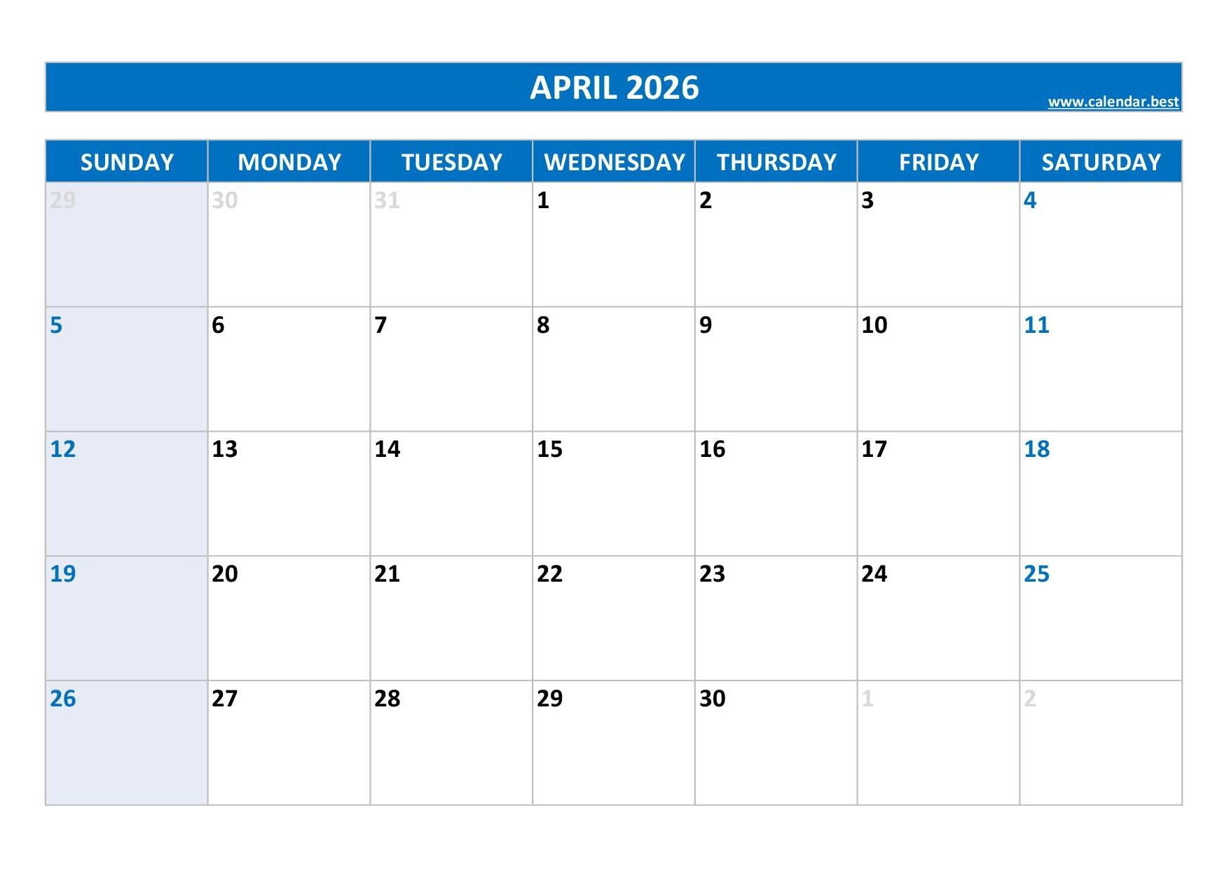 Free Printable April 2026 Calendar With Holidays