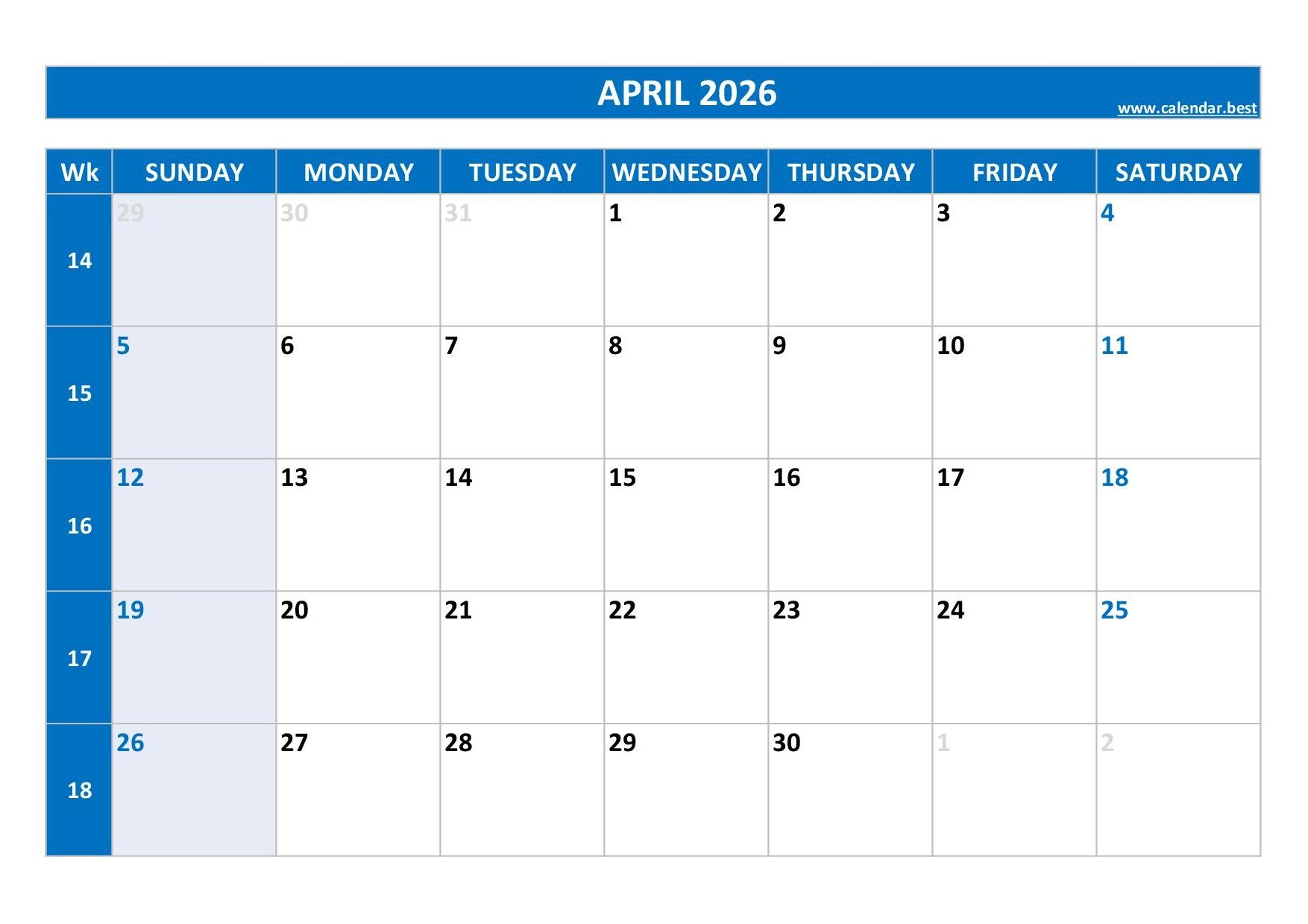 Show Me A Calendar Of April 2026
