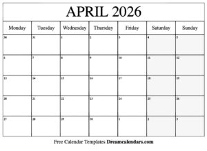 Free Printable April 2026 Calendar