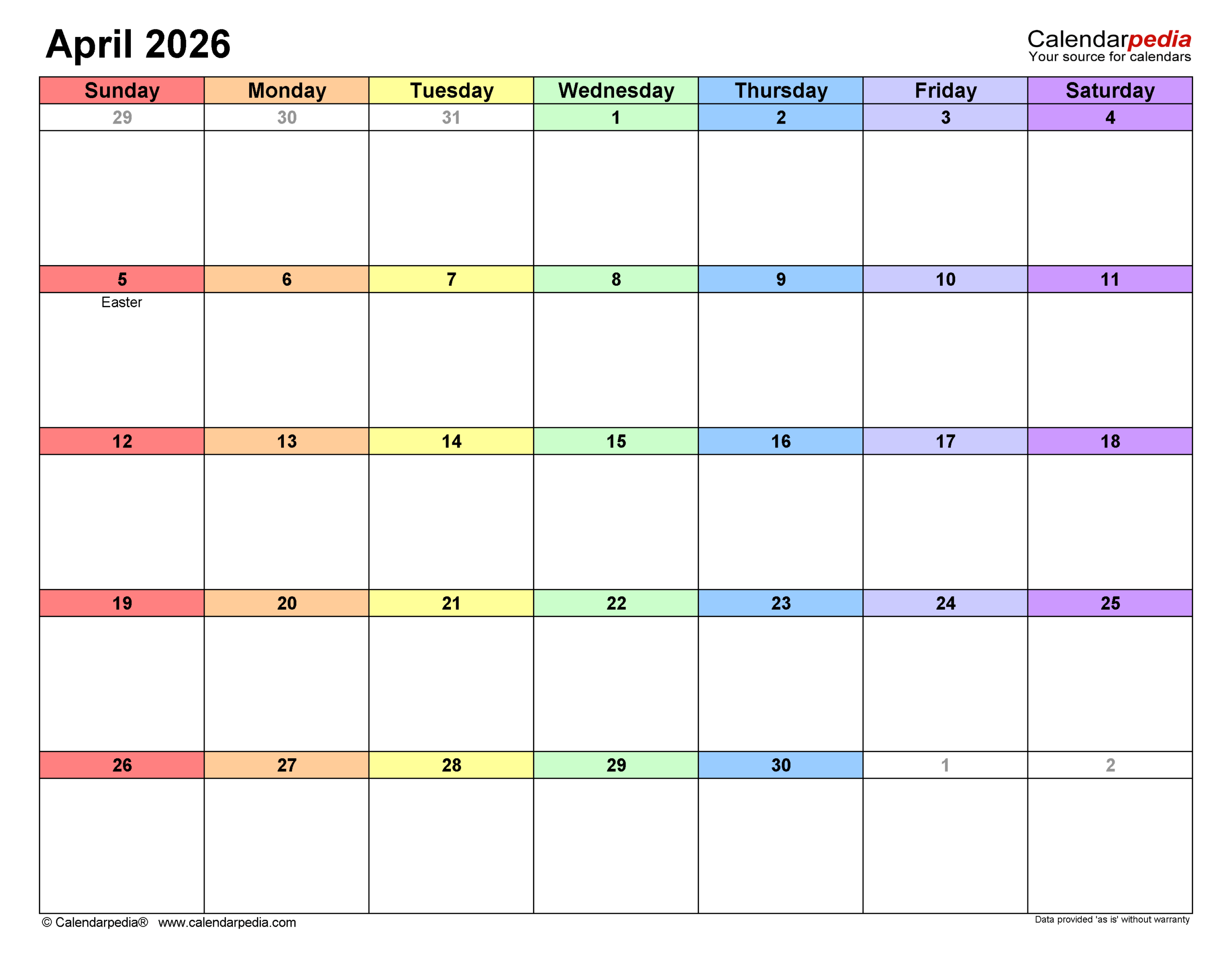 Fillable April 2026 Calendar