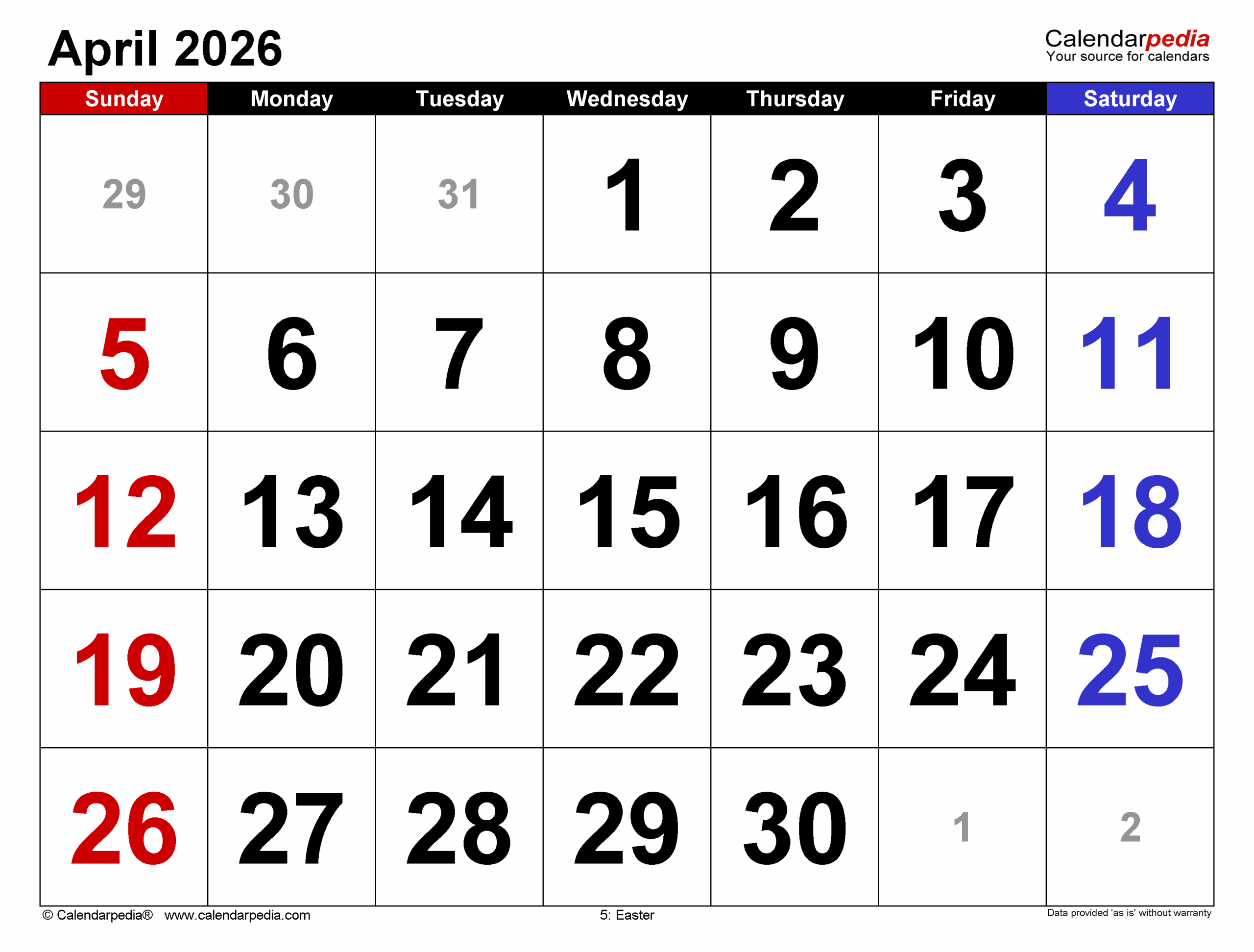 Printable April 2026 Calendar