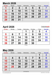 Calendar March April May 2026