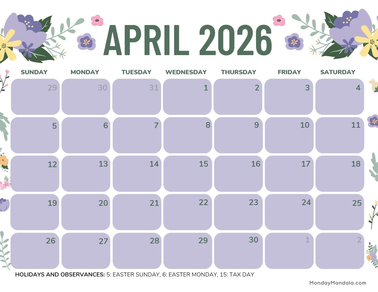 April 2026 Calendar Cute