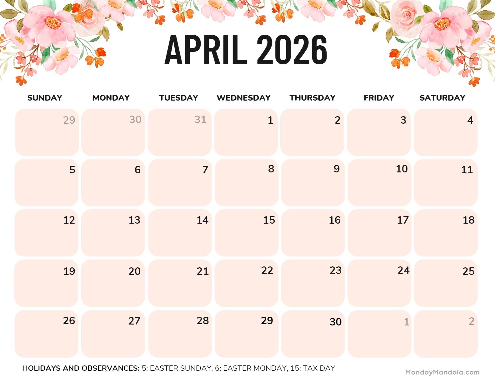 April 2026 Calendars Free PDF Printables