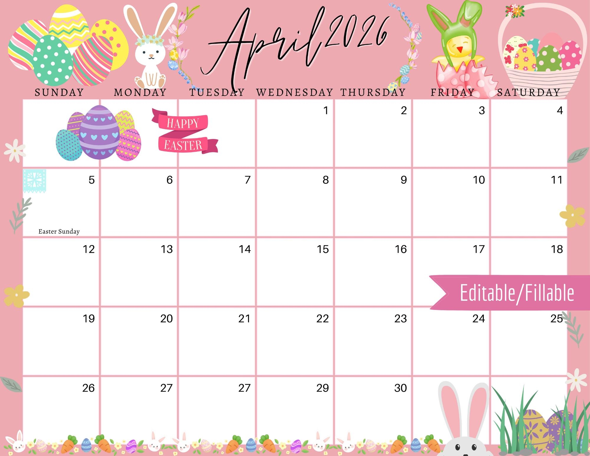 April 2026 Digital Calendar Light Pink April Showers Editable 