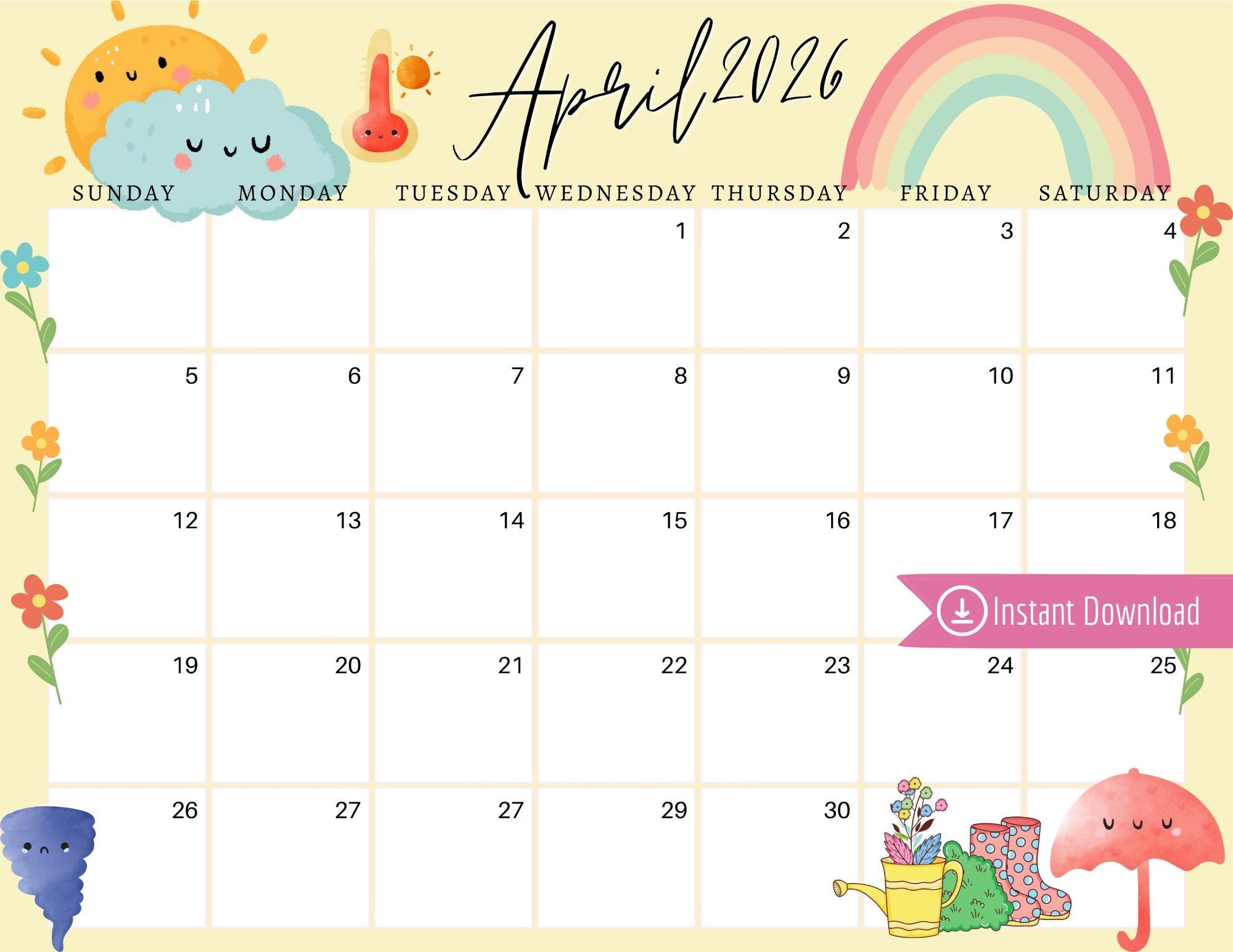 April 2026 Digital Calendar Light Yellow April Showers Editable Fillable Printable Calendar For Planning PDF PNG And JPG Download Etsy UK