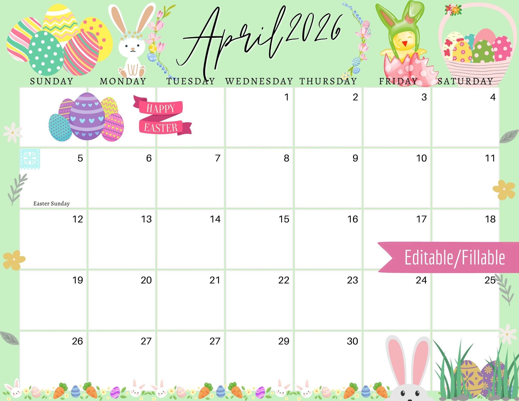 April 2026 Digital Calendar Mint Easter Sunday Editable Fillable Printable Calendar For Planning PDF PNG And JPG Download Etsy