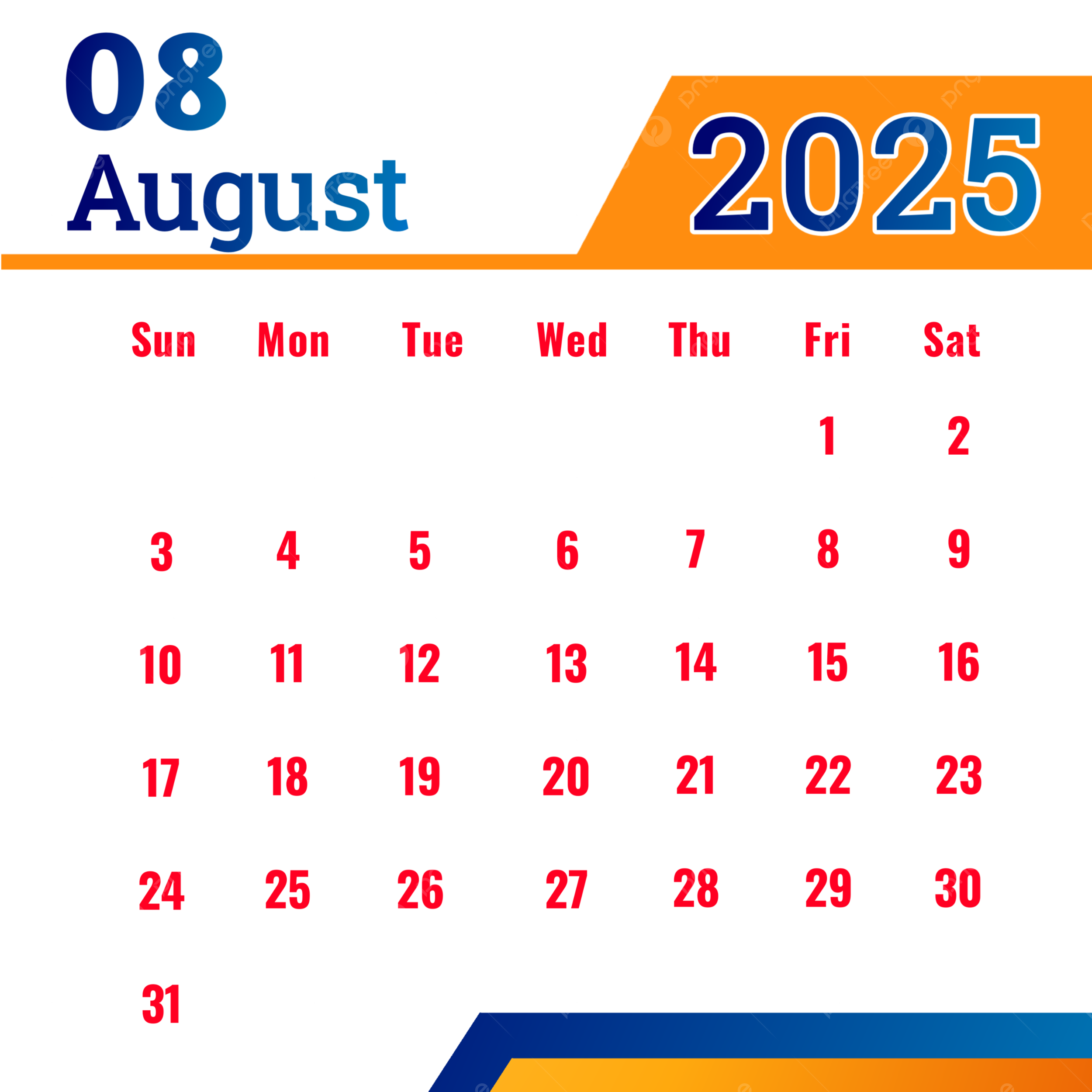 August 2025 Calendar August August 2025 Calendar 2025 PNG Transparent Clipart Image And PSD File For Free Download