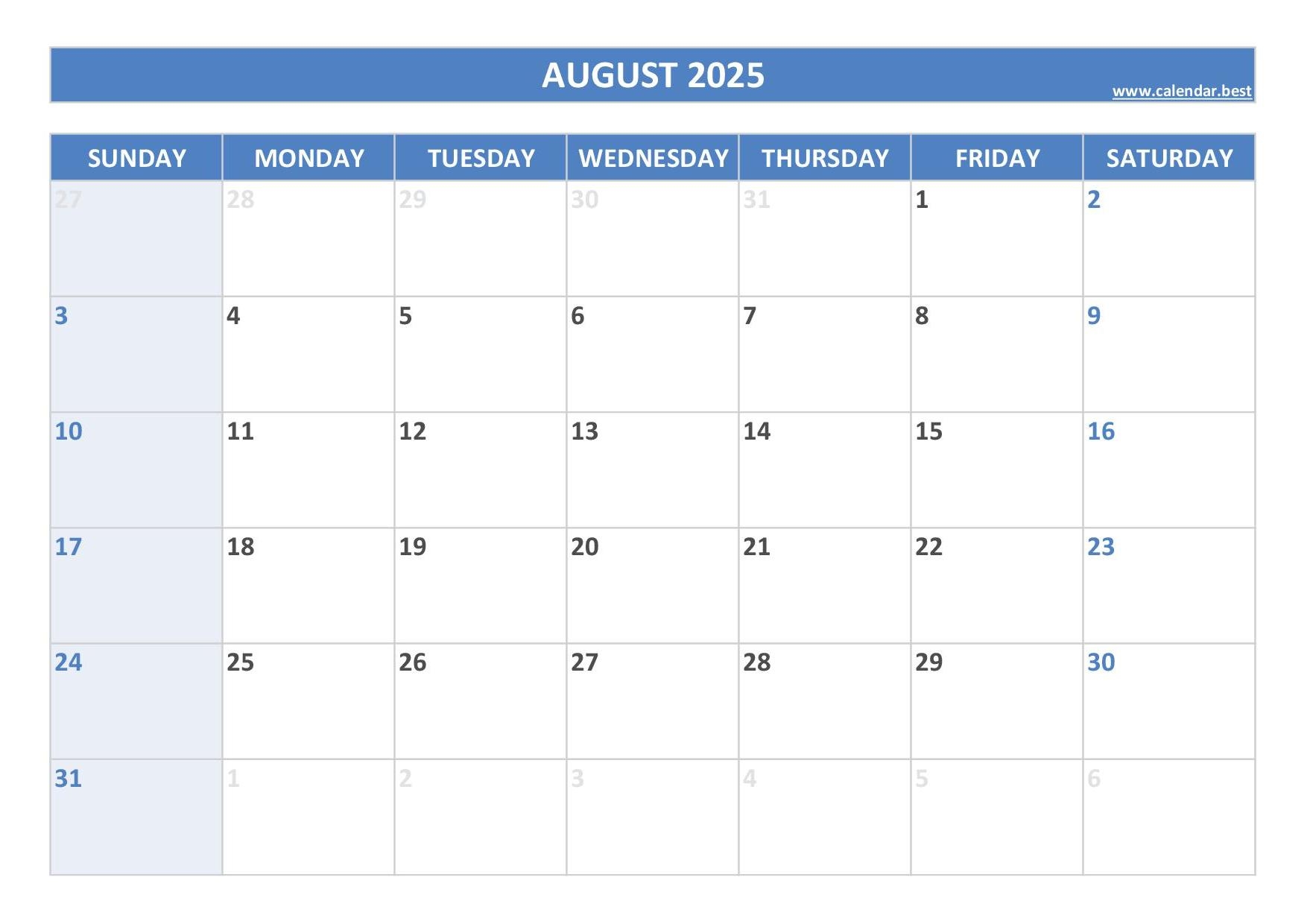 Free Printable August 2025 Calendar