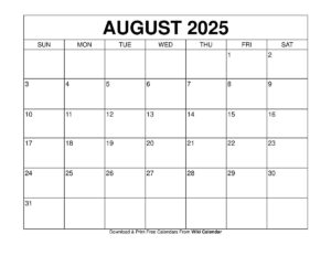 August 2025 Calendar Wiki