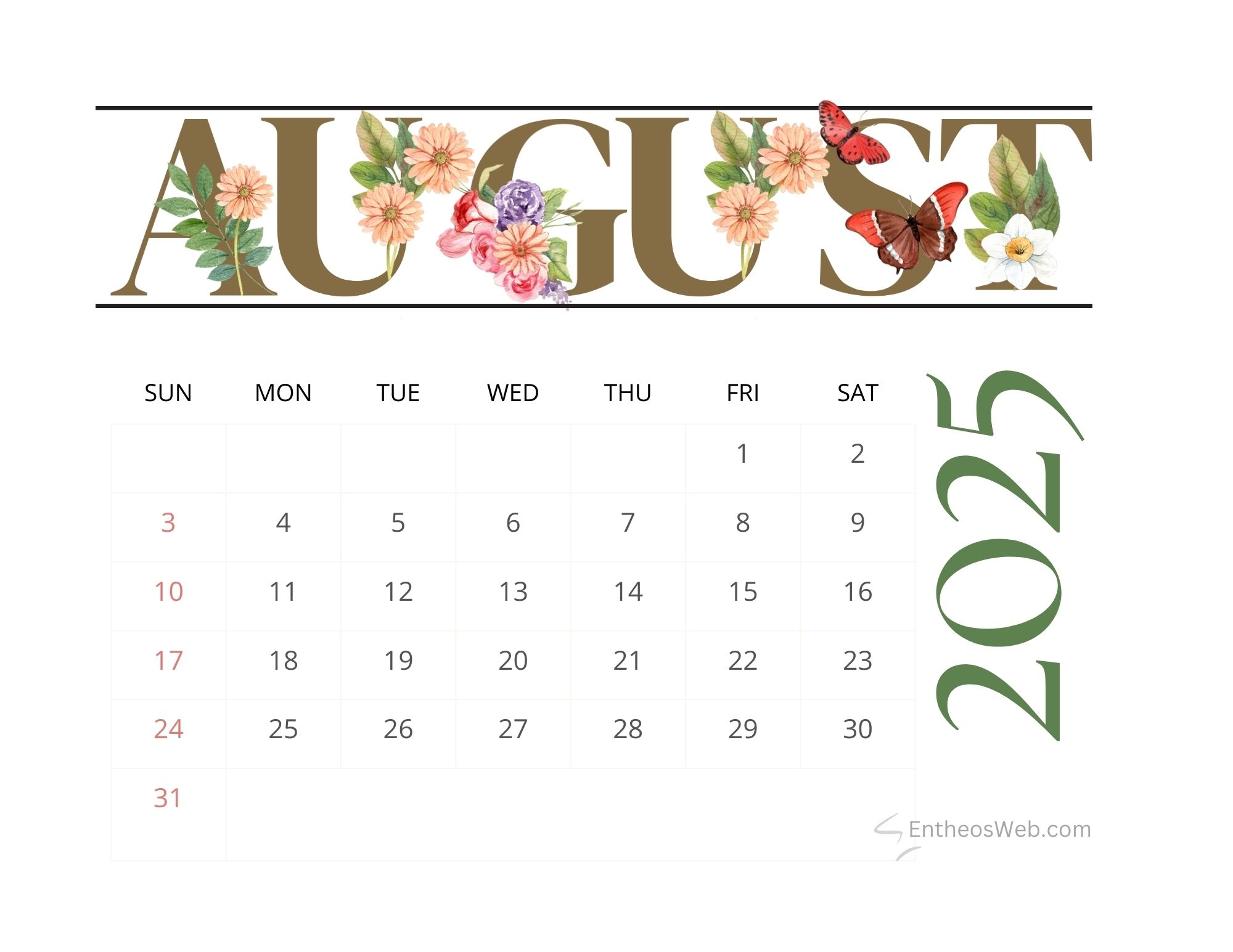 August 2025 Calendar Printables EntheosWeb