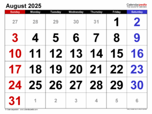 Editable August 2025 Calendar