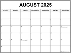 August 2025 Printable Calendar With Holidays