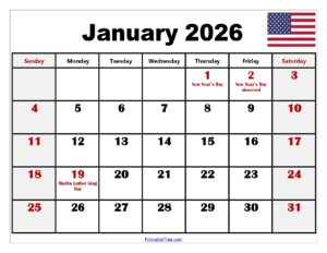 Calendar With Holidays January 2026
