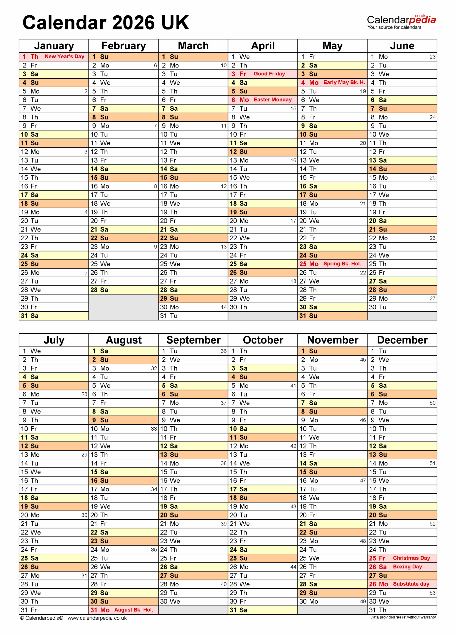 Calendar 2026 UK Free Printable Microsoft Excel Templates