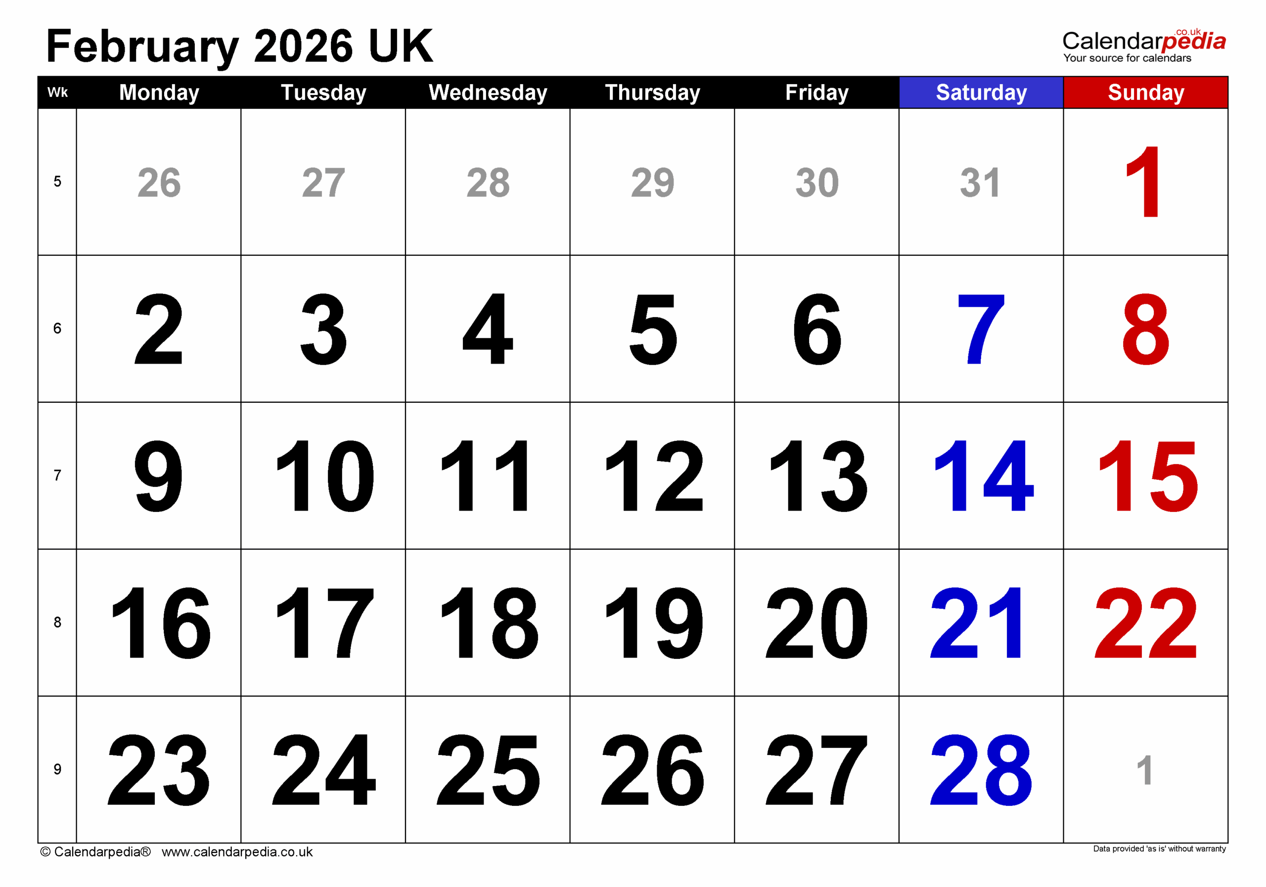 February 2026 Calendar Free Printable