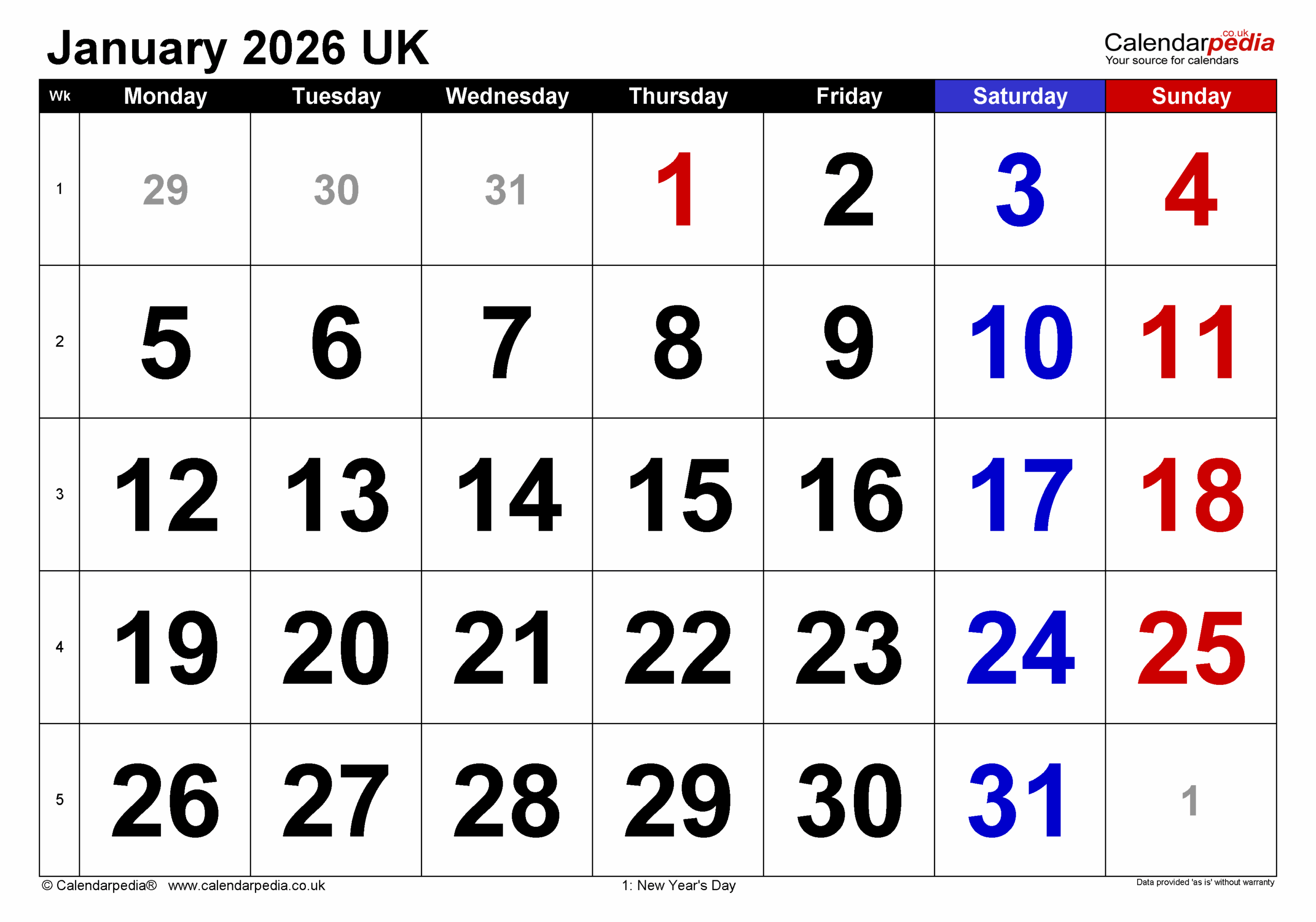 Calendar Print January 2026