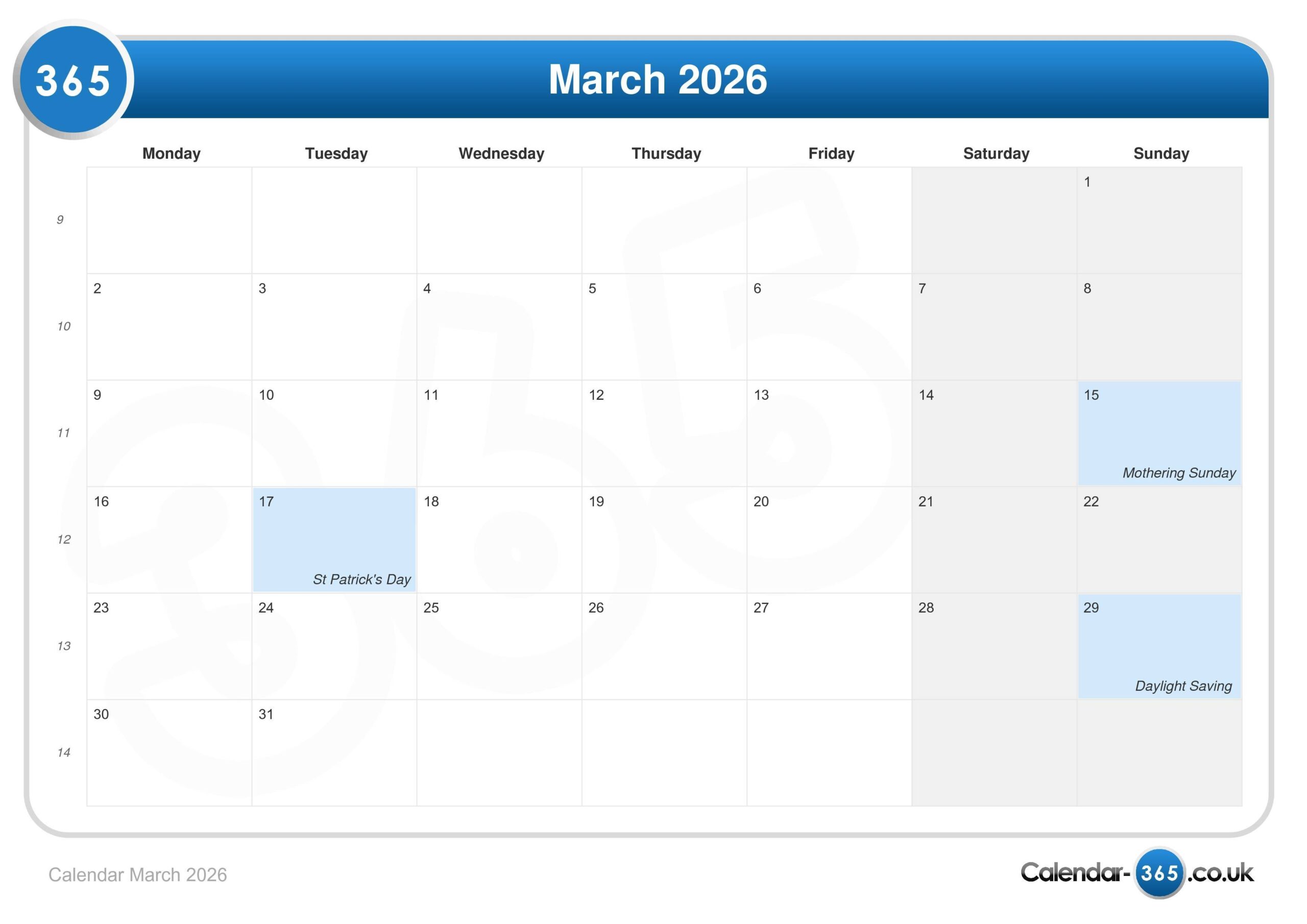 Calendar March 2026