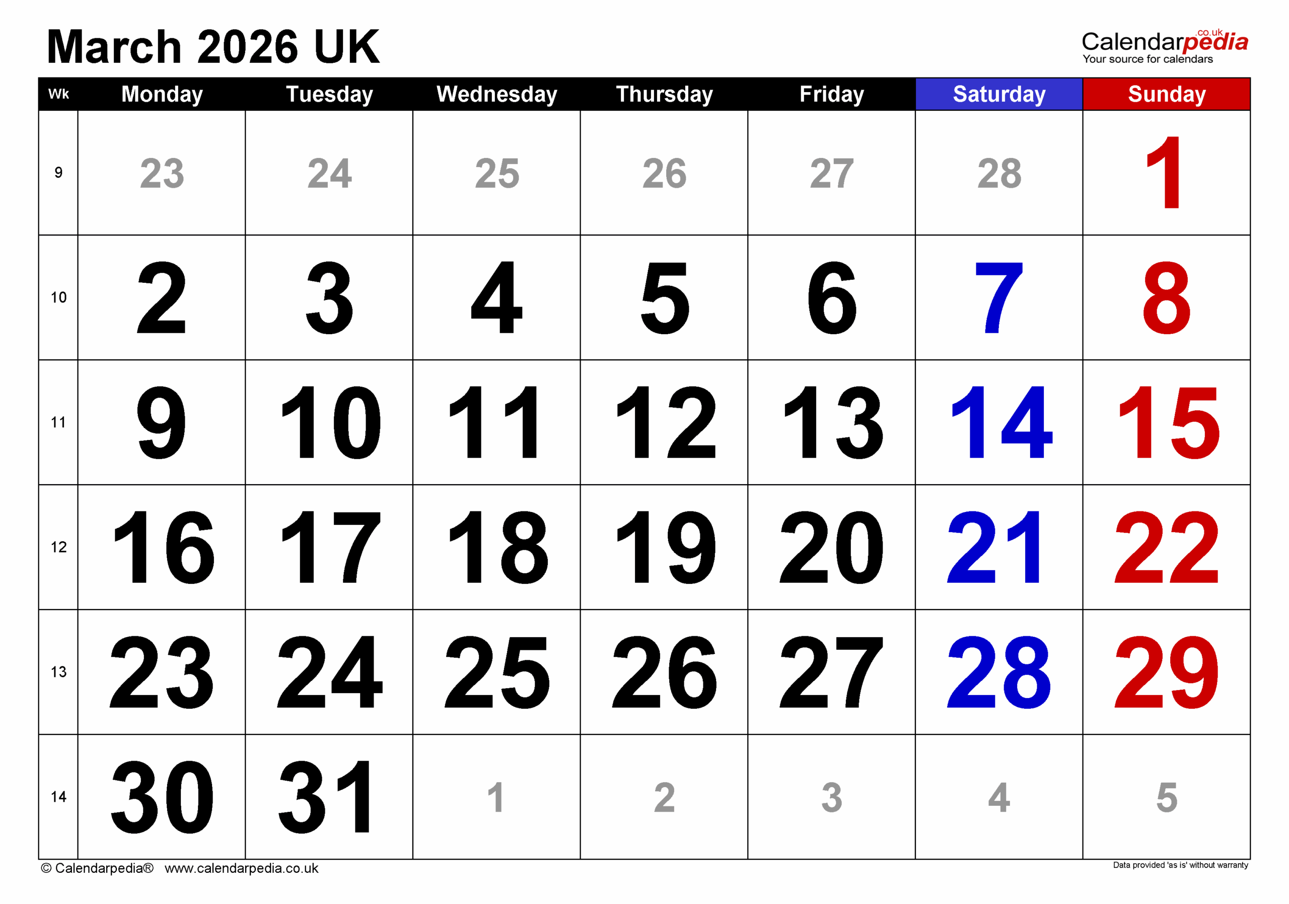 March 2026 Calendar Excel