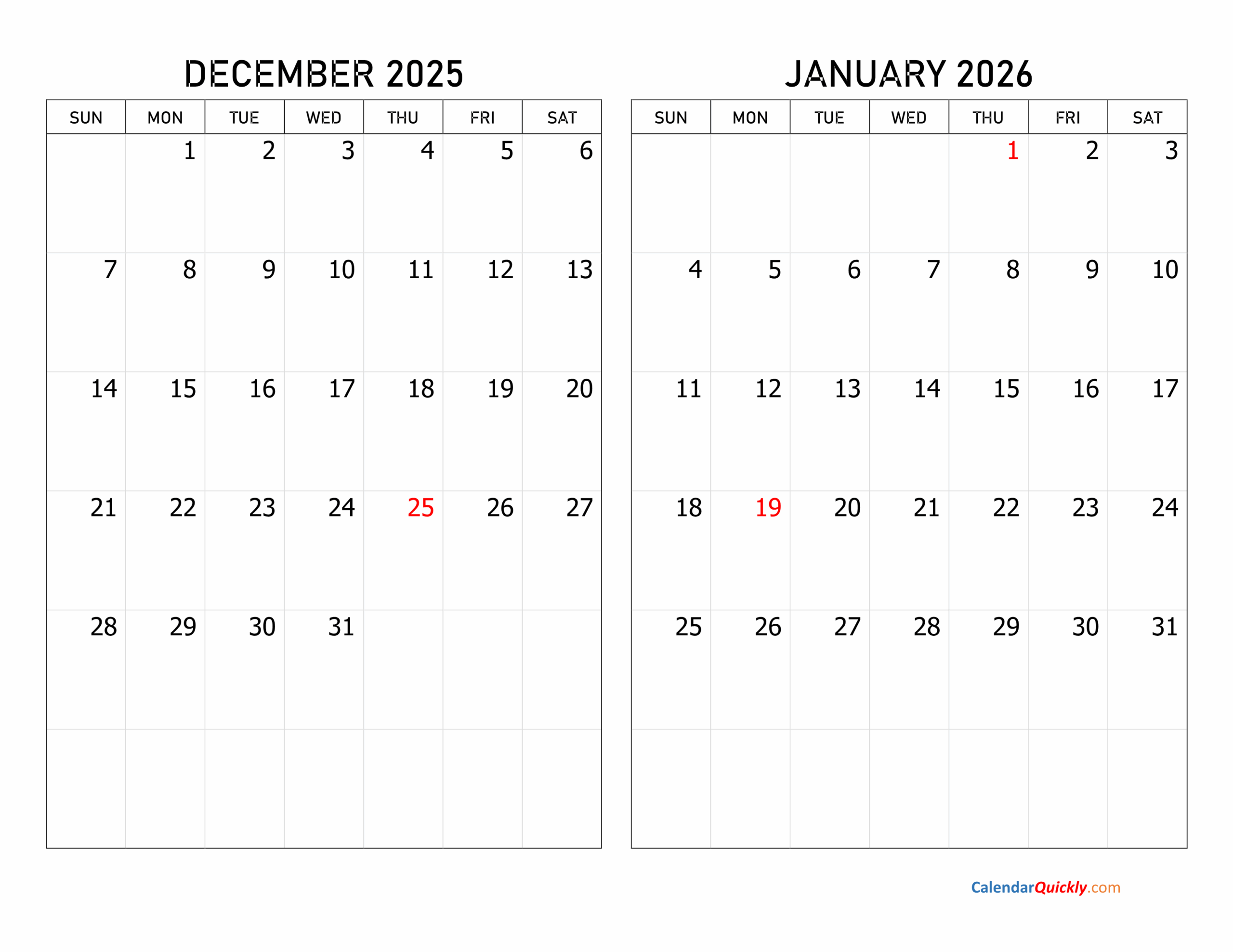 December 2026 January 2026 Calendar Printable