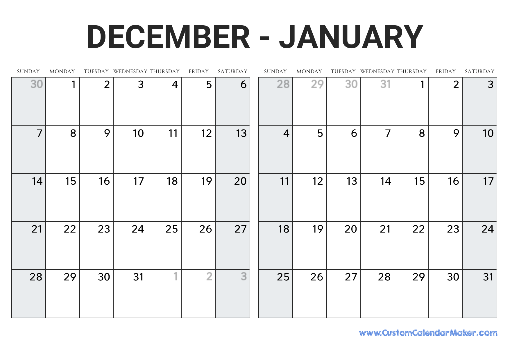 December And January 2026 Calendar