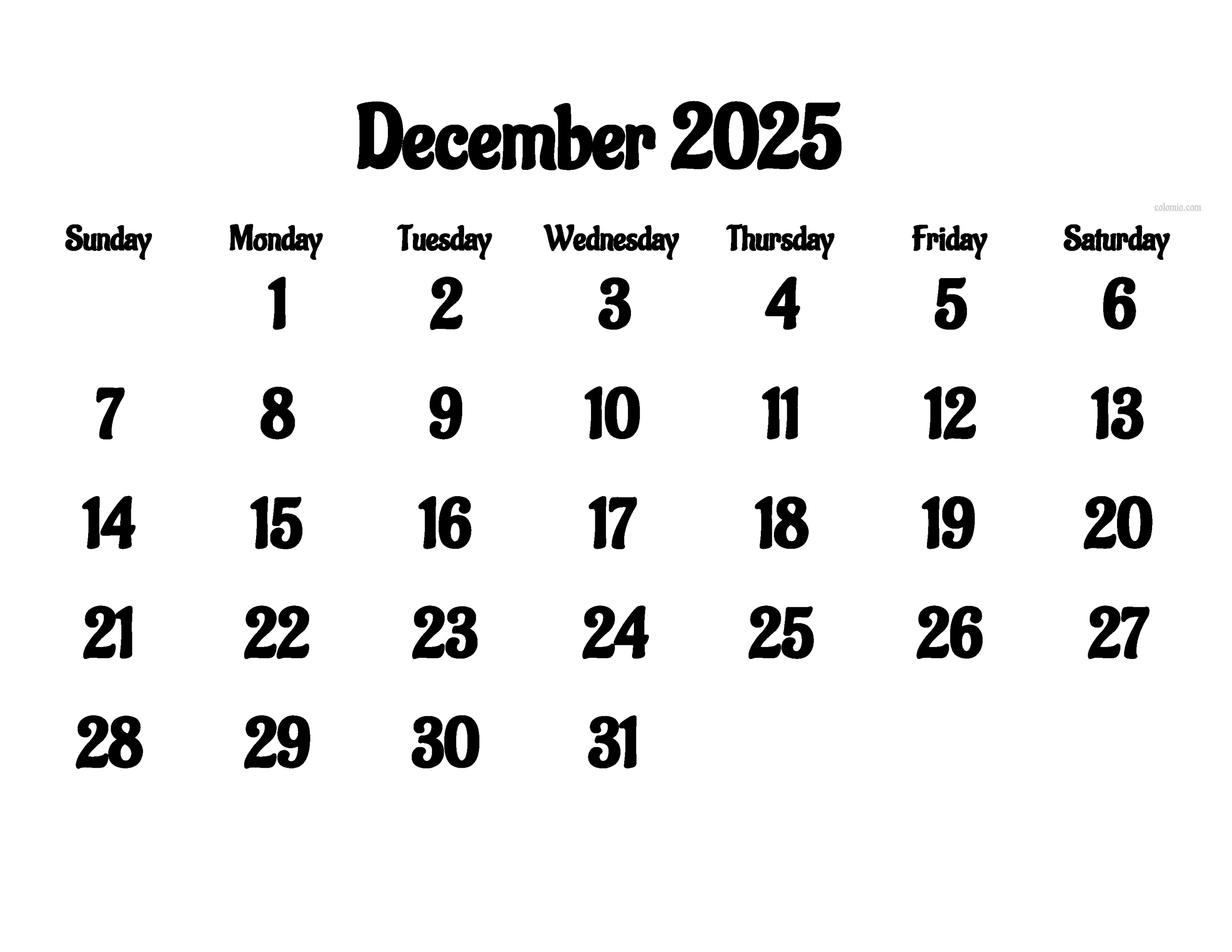 December 2025 Calendar Template