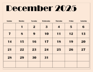 Calendar For The Month Of December 2025