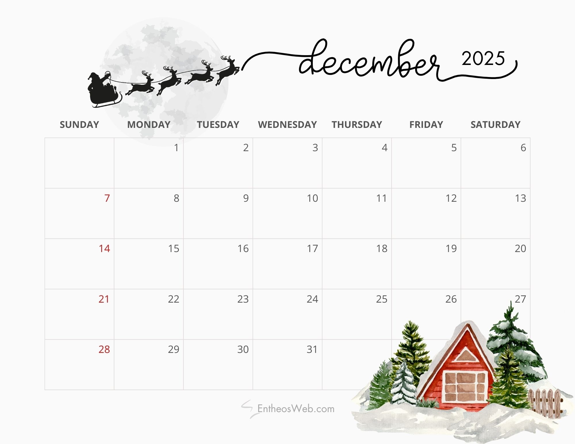 Free Printable Christmas December 2025 Calendar