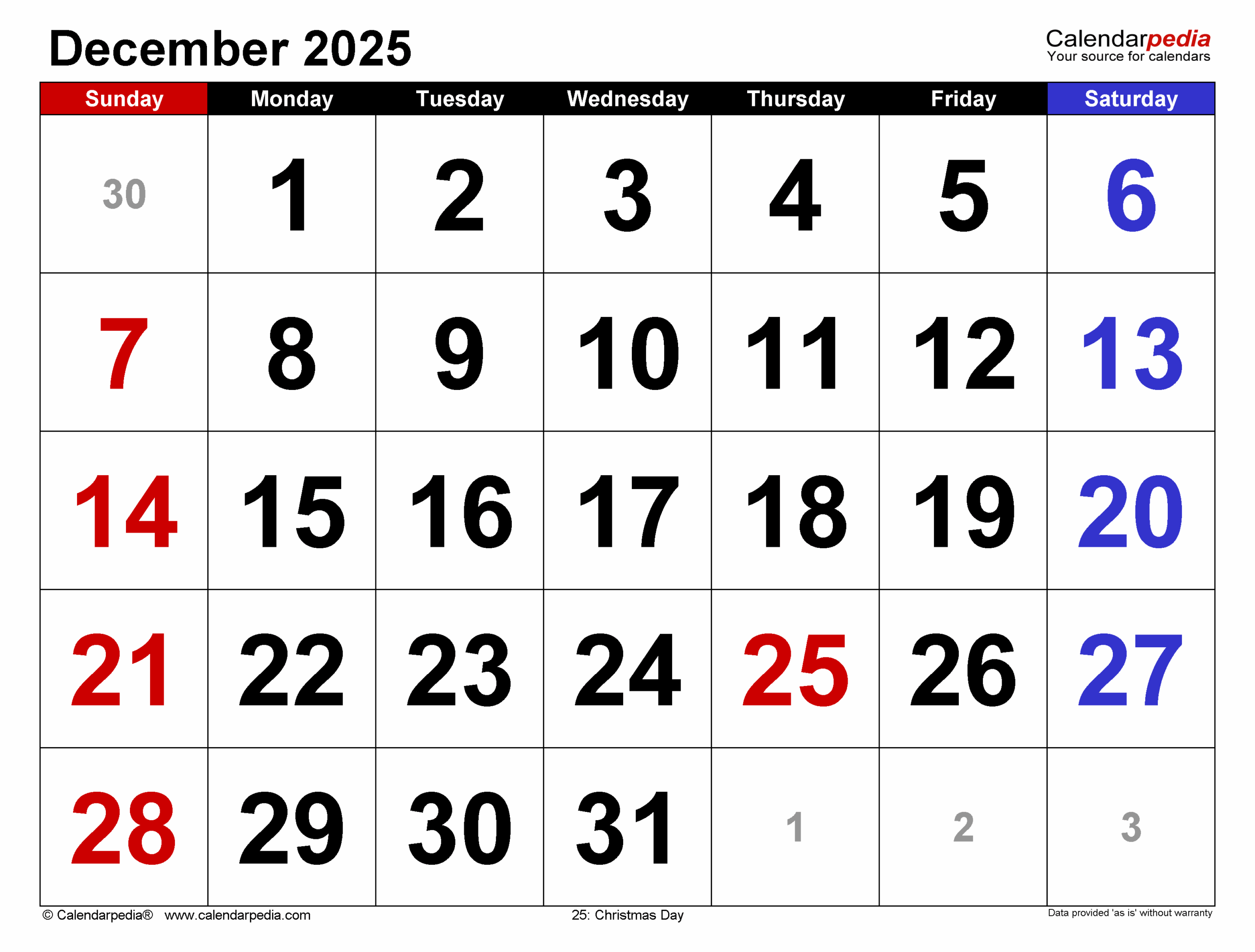 Fillable December 2025 Calendar