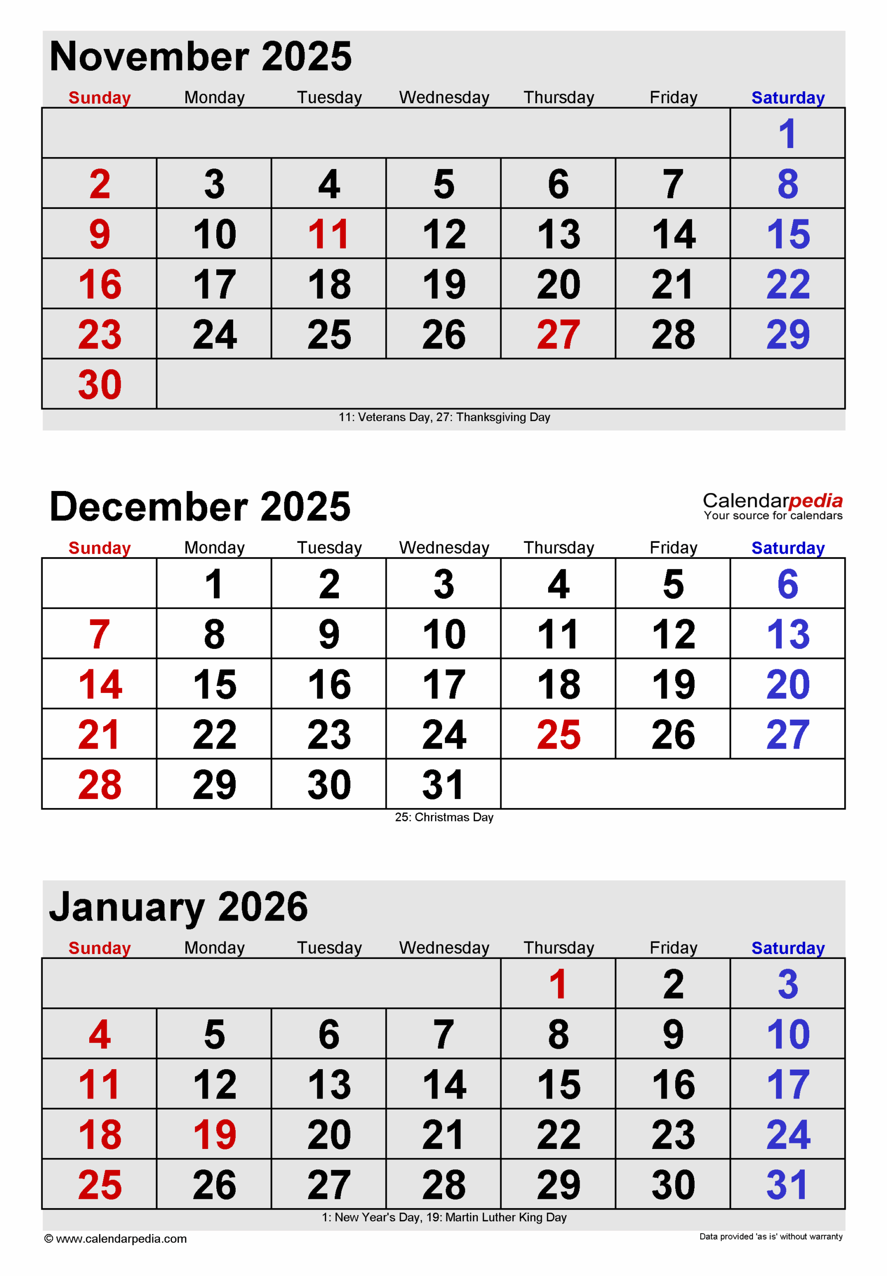 3 Month Calendar November December January 2026