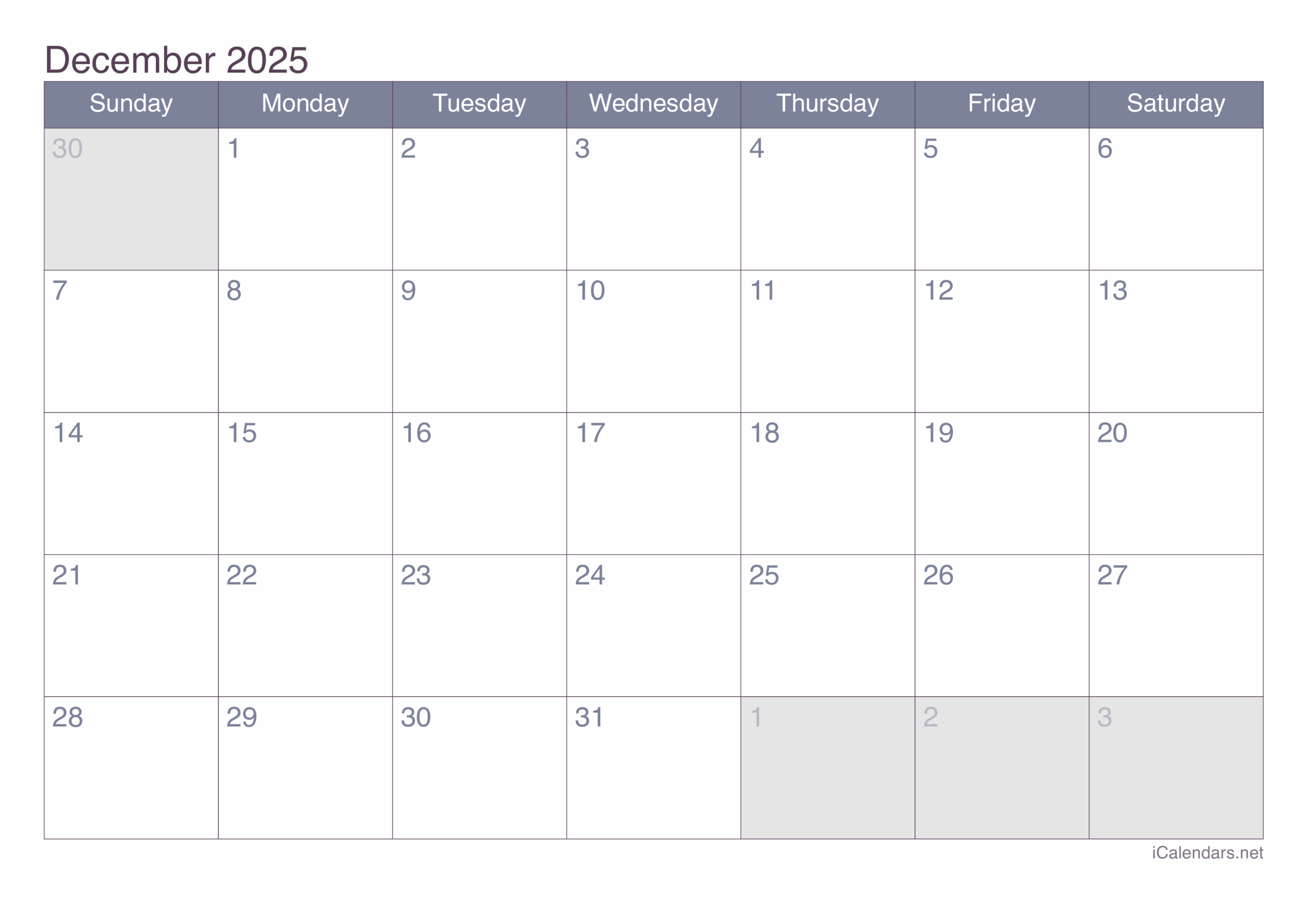 Printable December 2025 Calendar