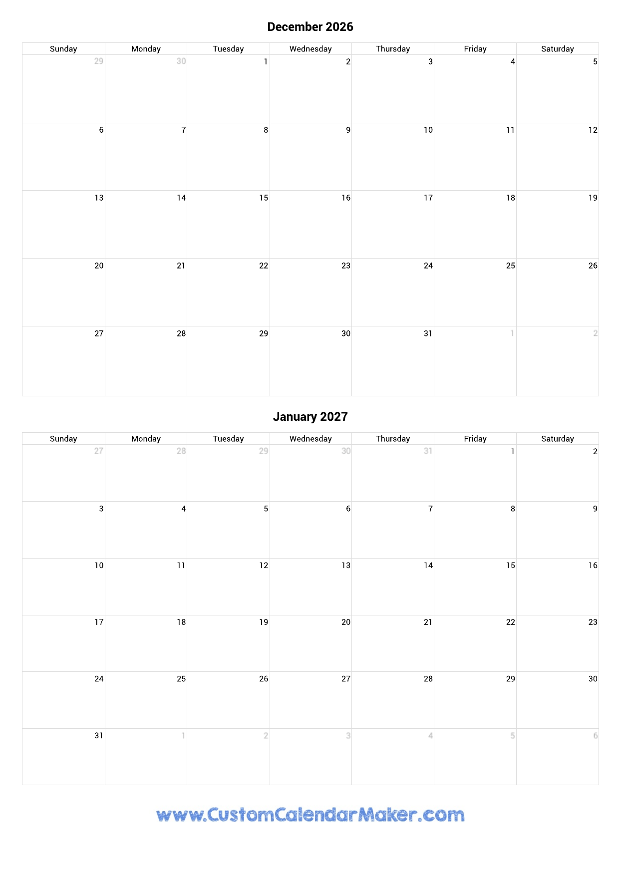 Calendar December 2026 January 2026