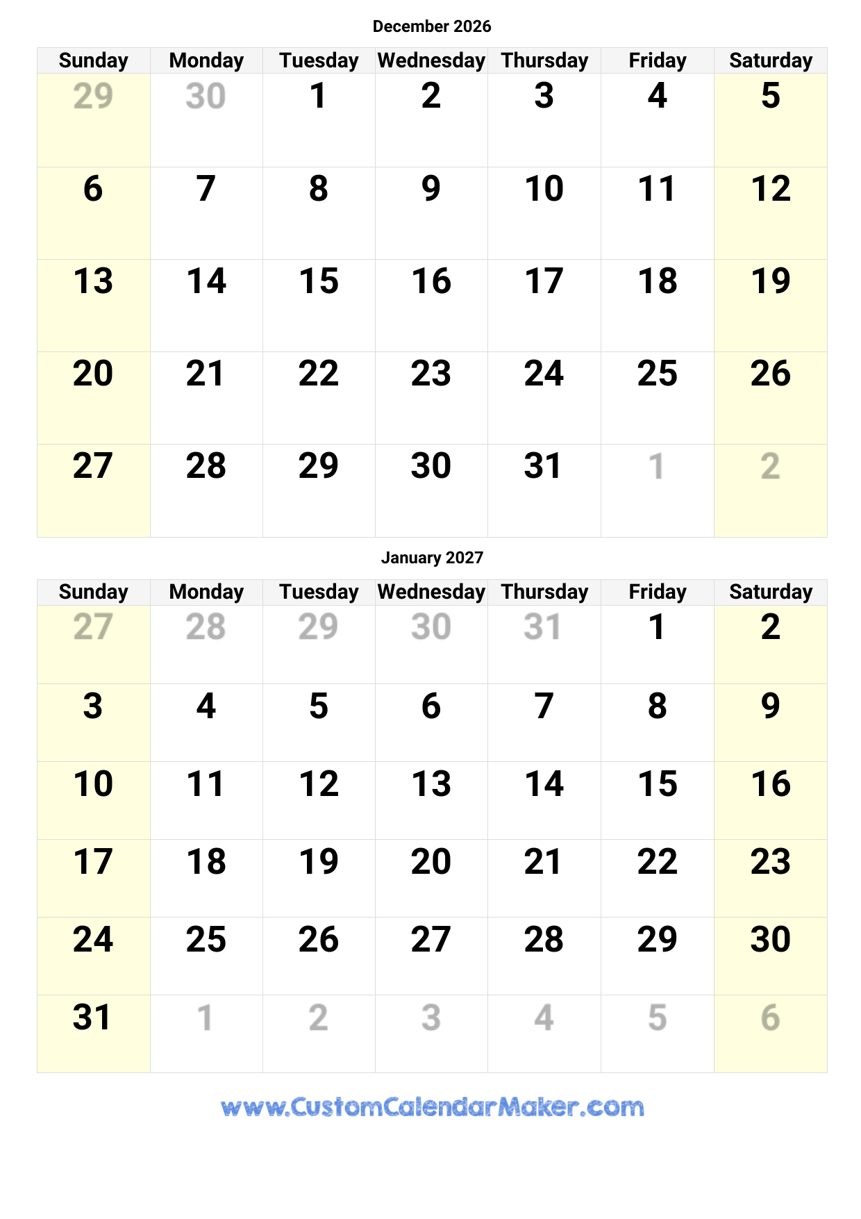 December 2026 And January 2026 Calendar Printable