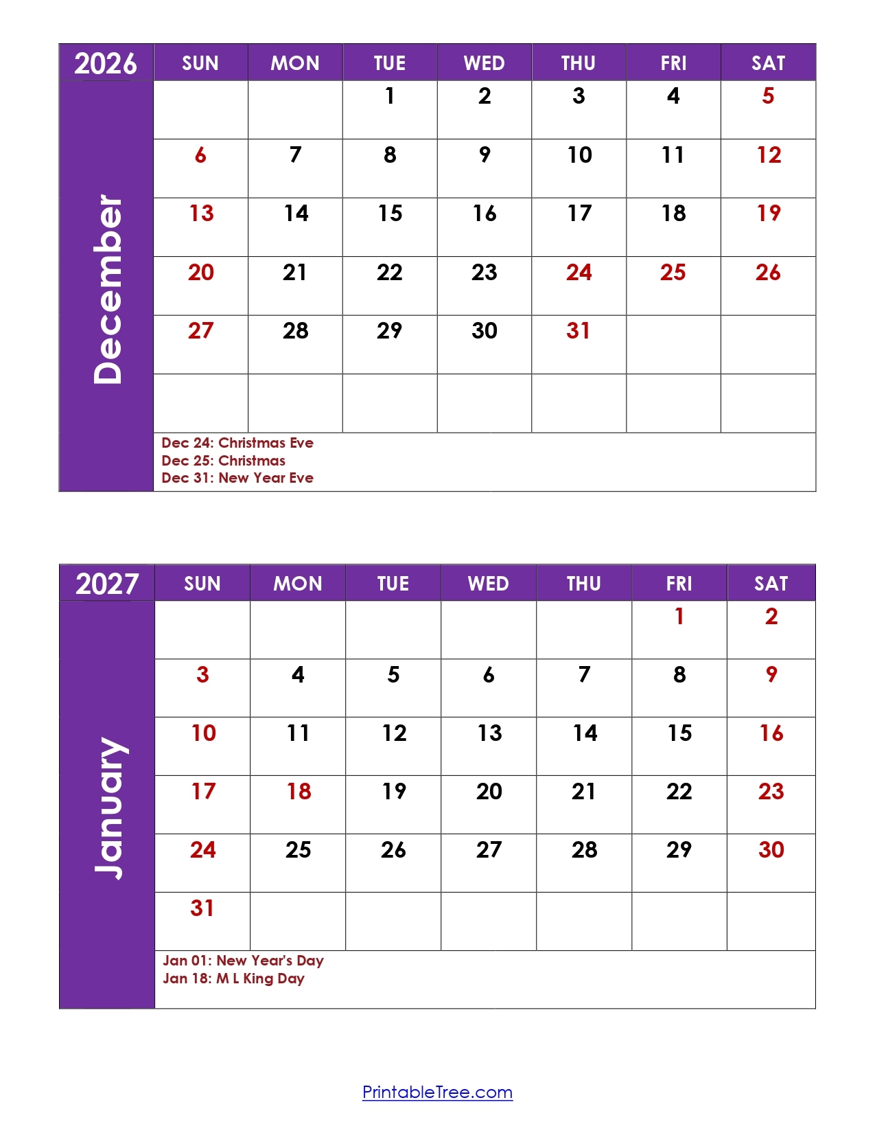 Calendar December 2026 To January 2026