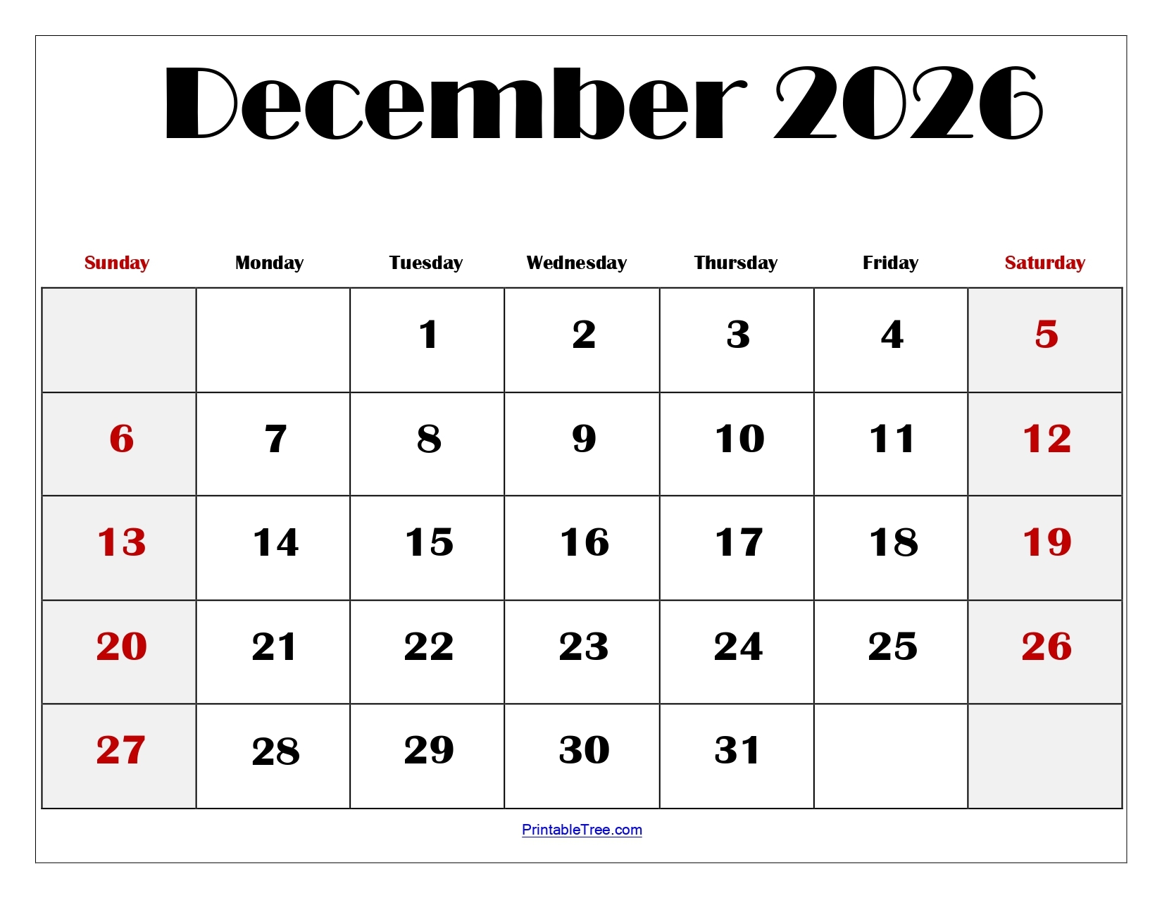 December 2026 Calendar Printable PDF With Holidays Templates