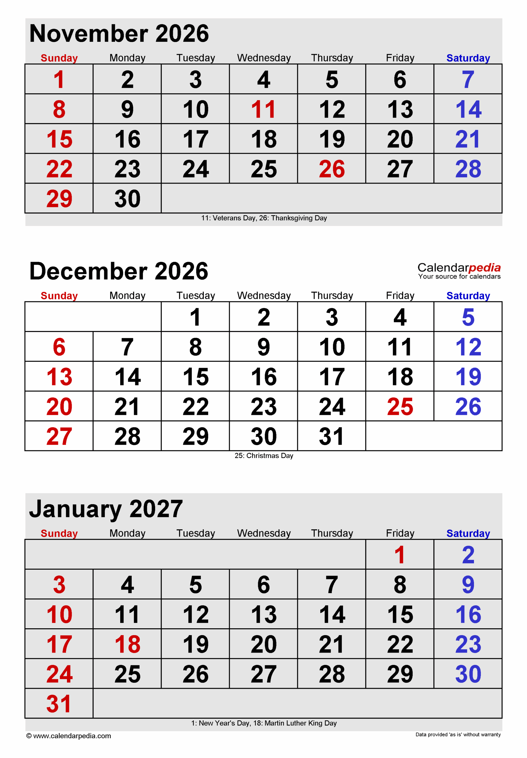 November 2026 To January 2026 Calendar
