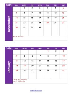 December 2026 January 2026 Calendar With Holidays