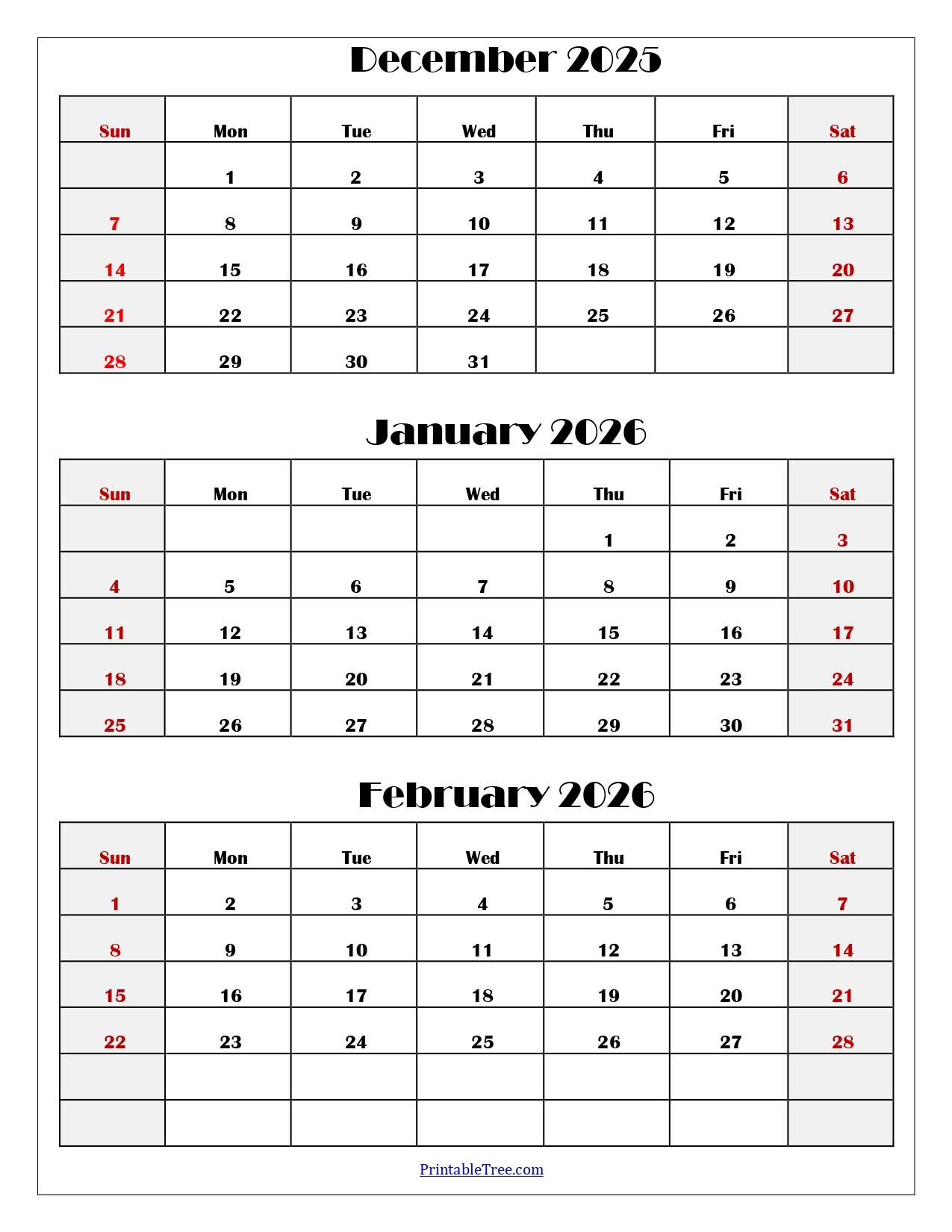 December To February 2026 Calendar Printable PDF Three Months 
