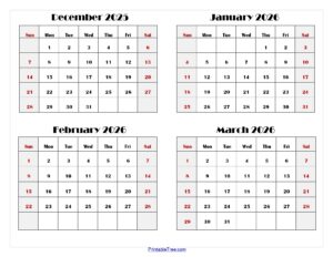 December 2026 To March 2026 Calendar