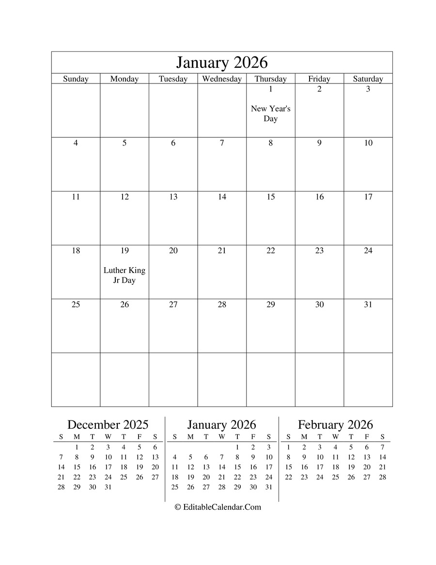 Fillable Calendar January 2026