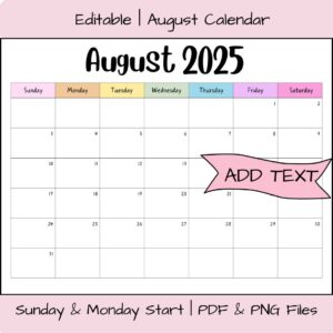 August 2025 Calendar Editable