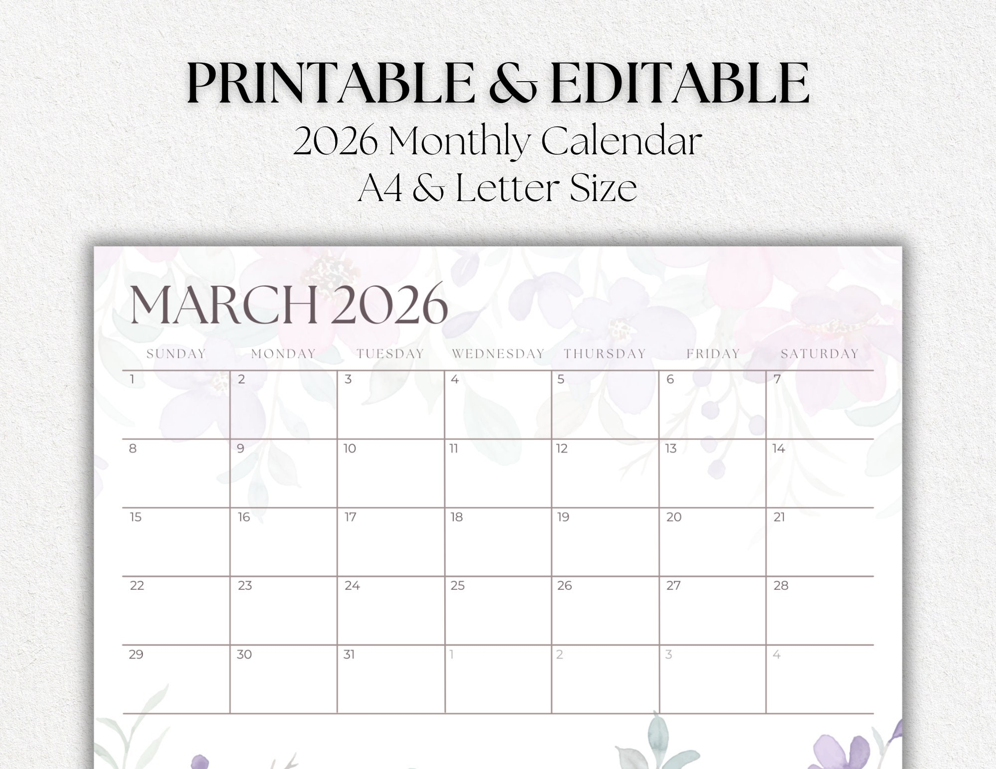 Editable Printable 2026 Botanical Monthly Calendar Seasonal Themed Months Horizontal A4 US Letter Size Sunday Start PDF Calendar Etsy
