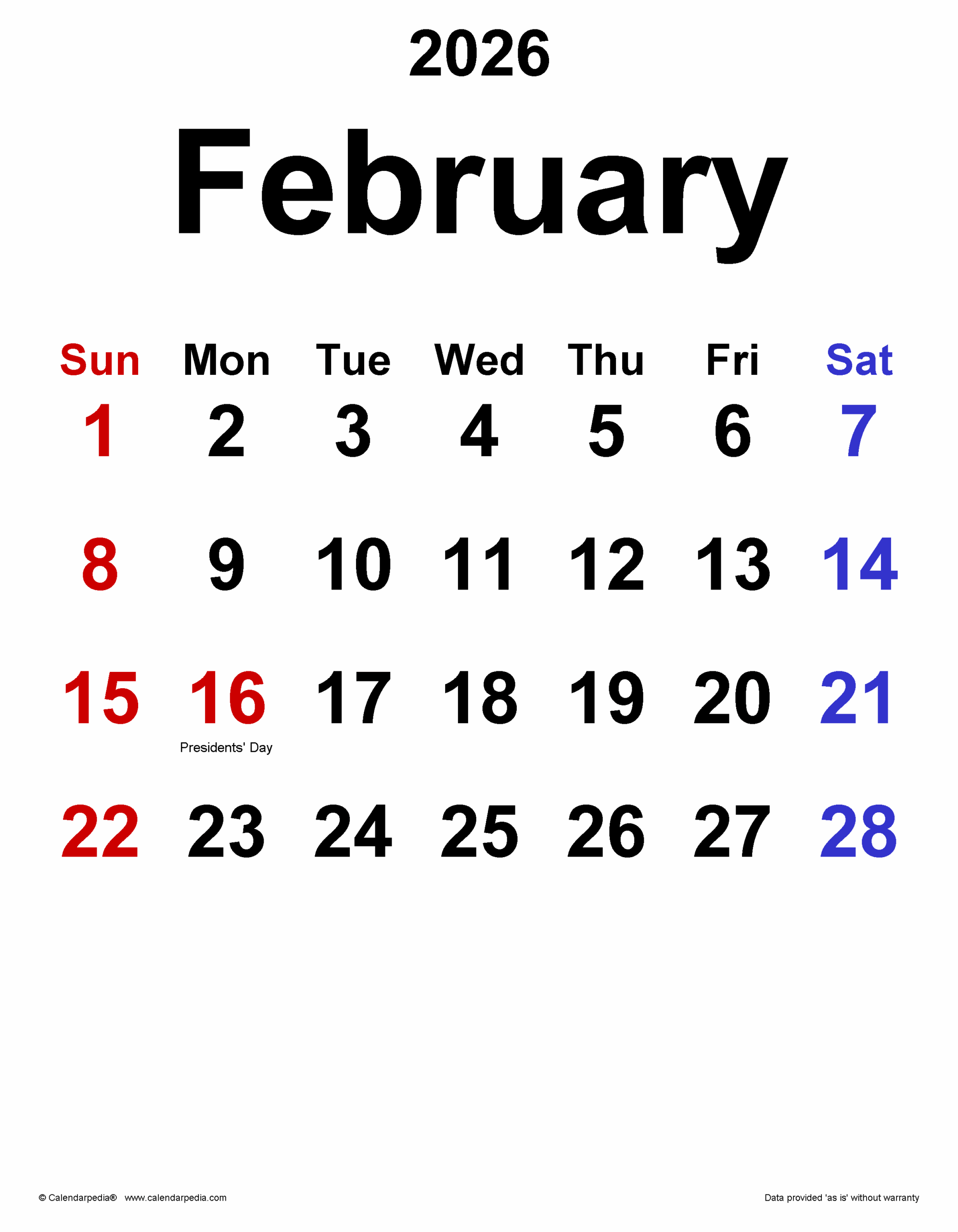February 2026 Calendar Days